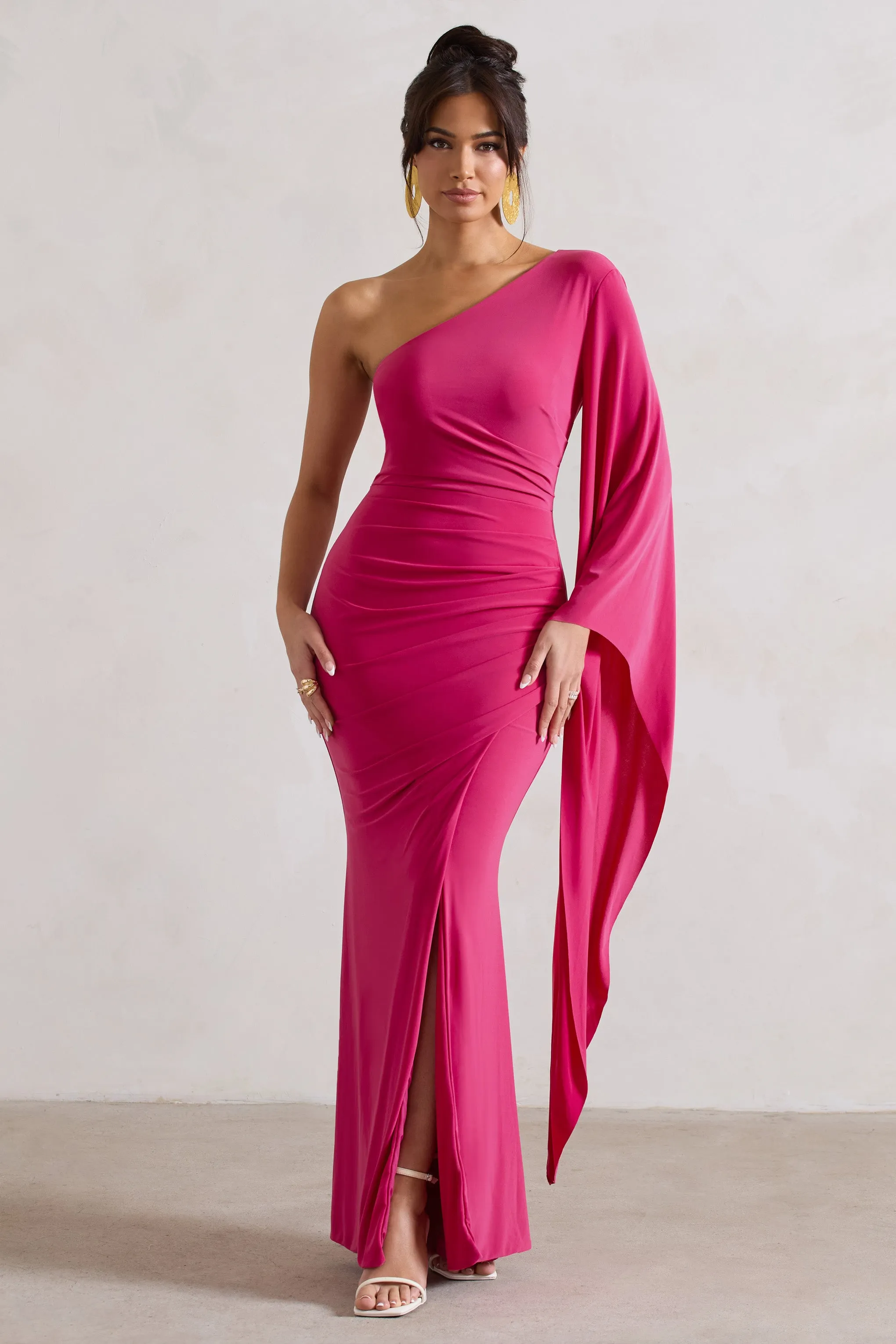 Giada | Dark Pink Ruched One Shoulder Cape Sleeve Maxi Dress Club L London