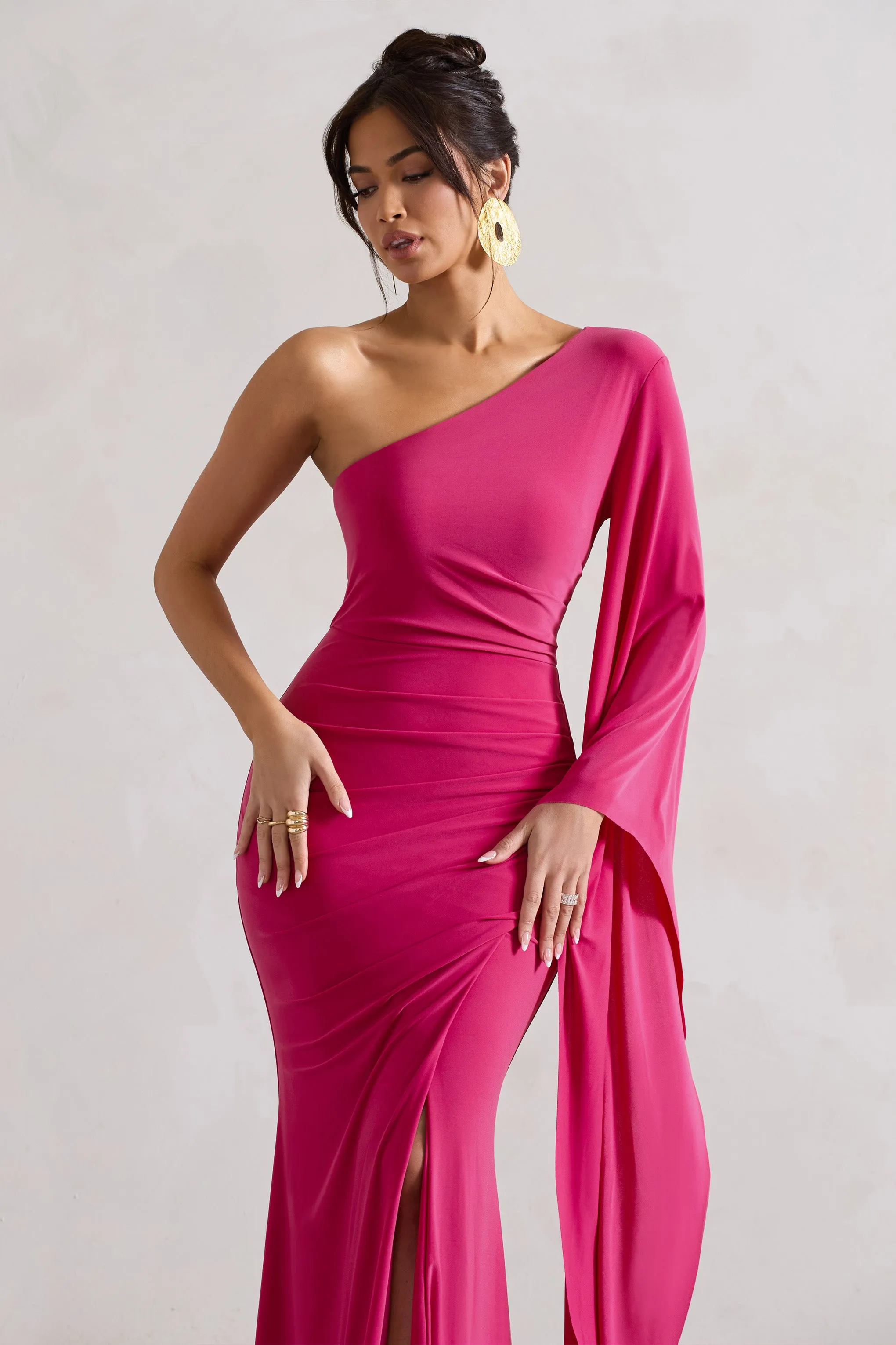 Giada | Dark Pink Ruched One Shoulder Cape Sleeve Maxi Dress Club L London