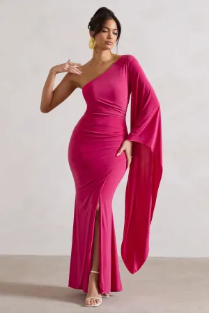 Giada | Dark Pink Ruched One Shoulder Cape Sleeve Maxi Dress Club L London