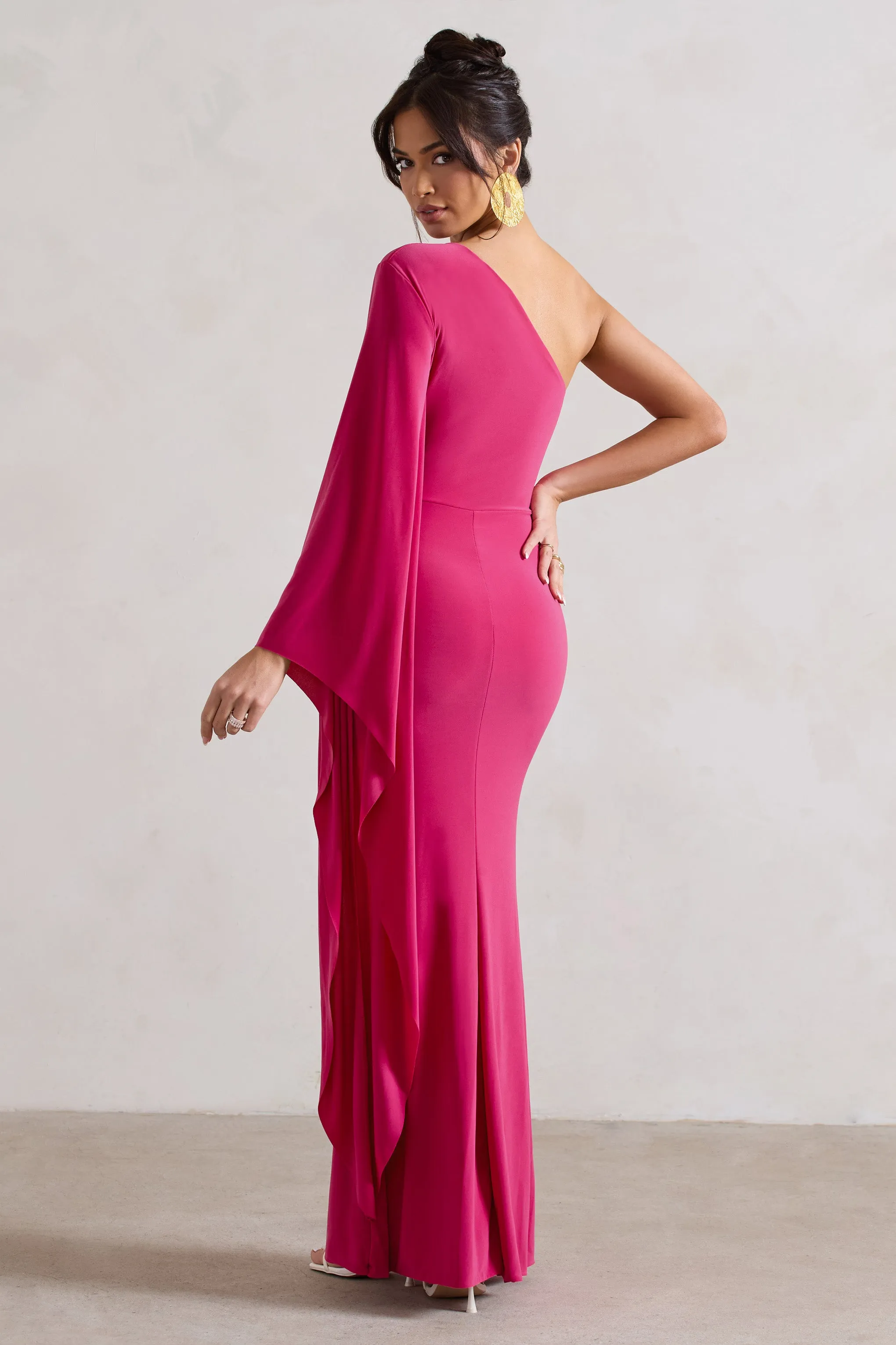 Giada | Dark Pink Ruched One Shoulder Cape Sleeve Maxi Dress Club L London