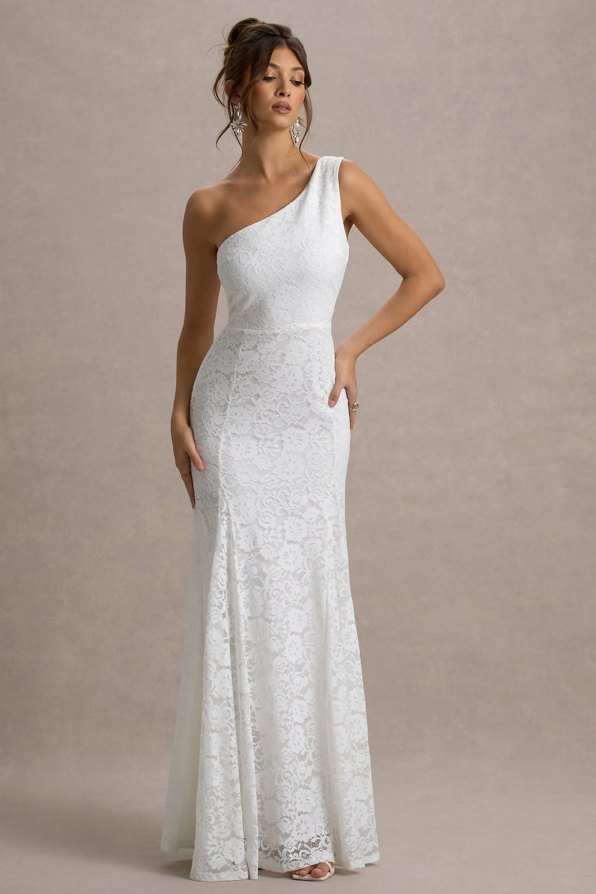 Gigou | White Lace Asymmetric Maxi Dress Club L London