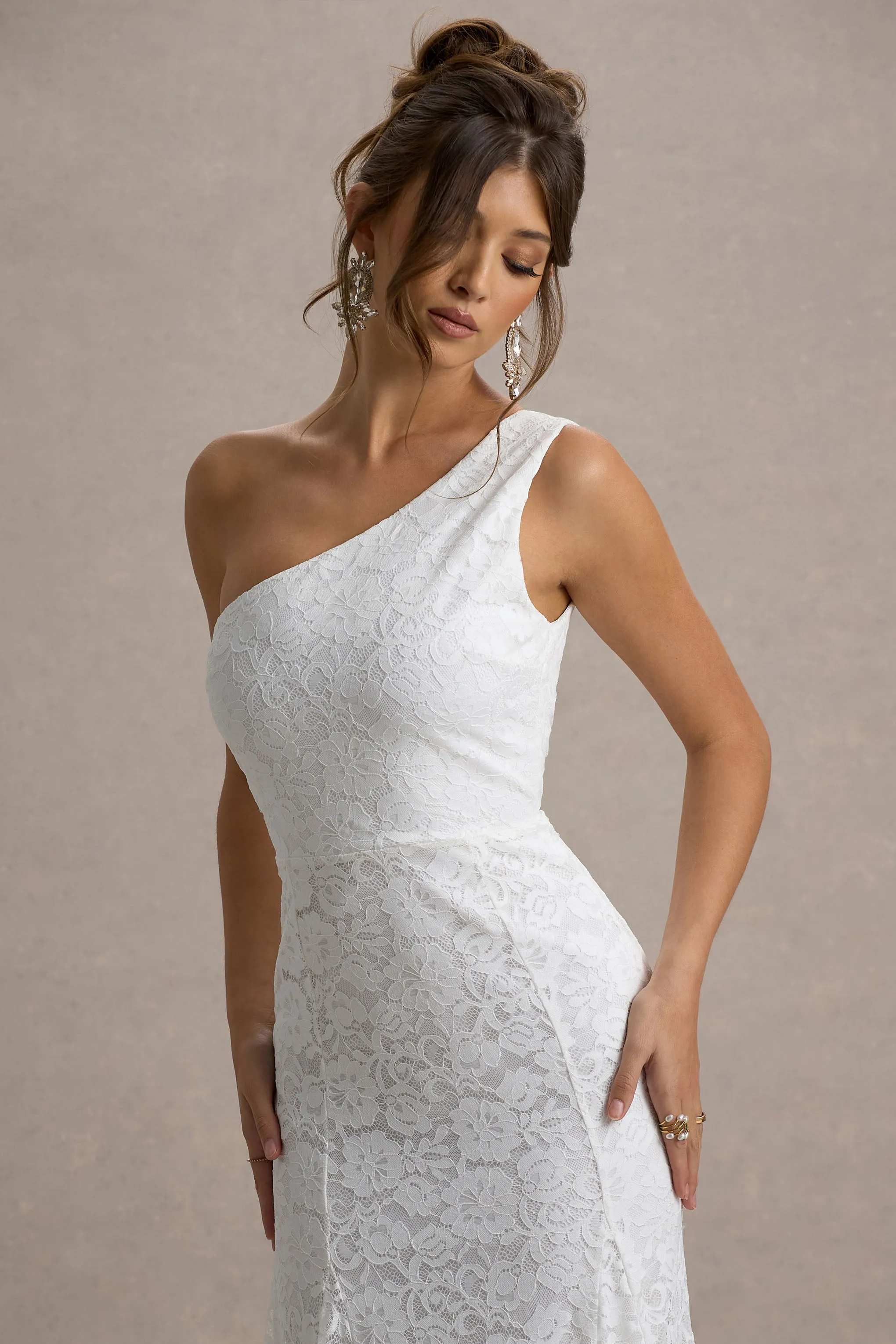Gigou | White Lace Asymmetric Maxi Dress Club L London