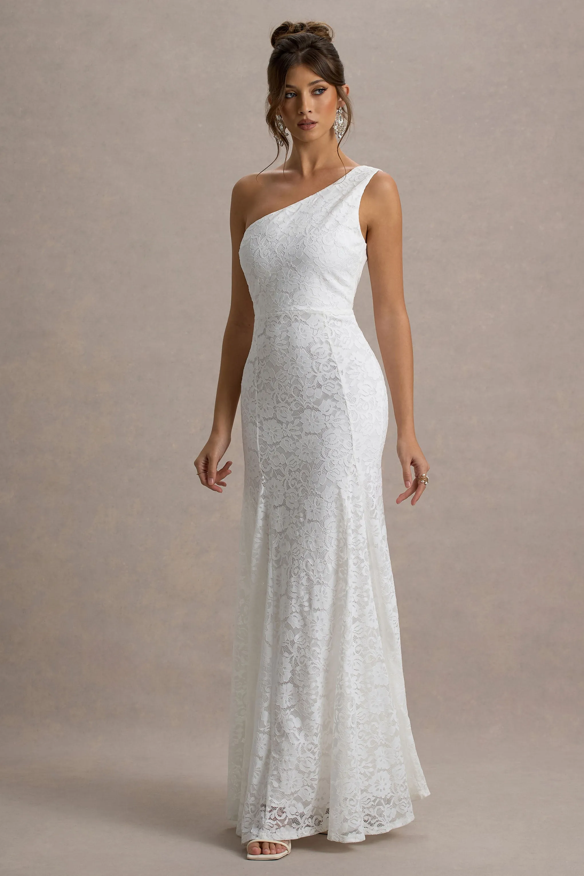 Gigou | White Lace Asymmetric Maxi Dress Club L London