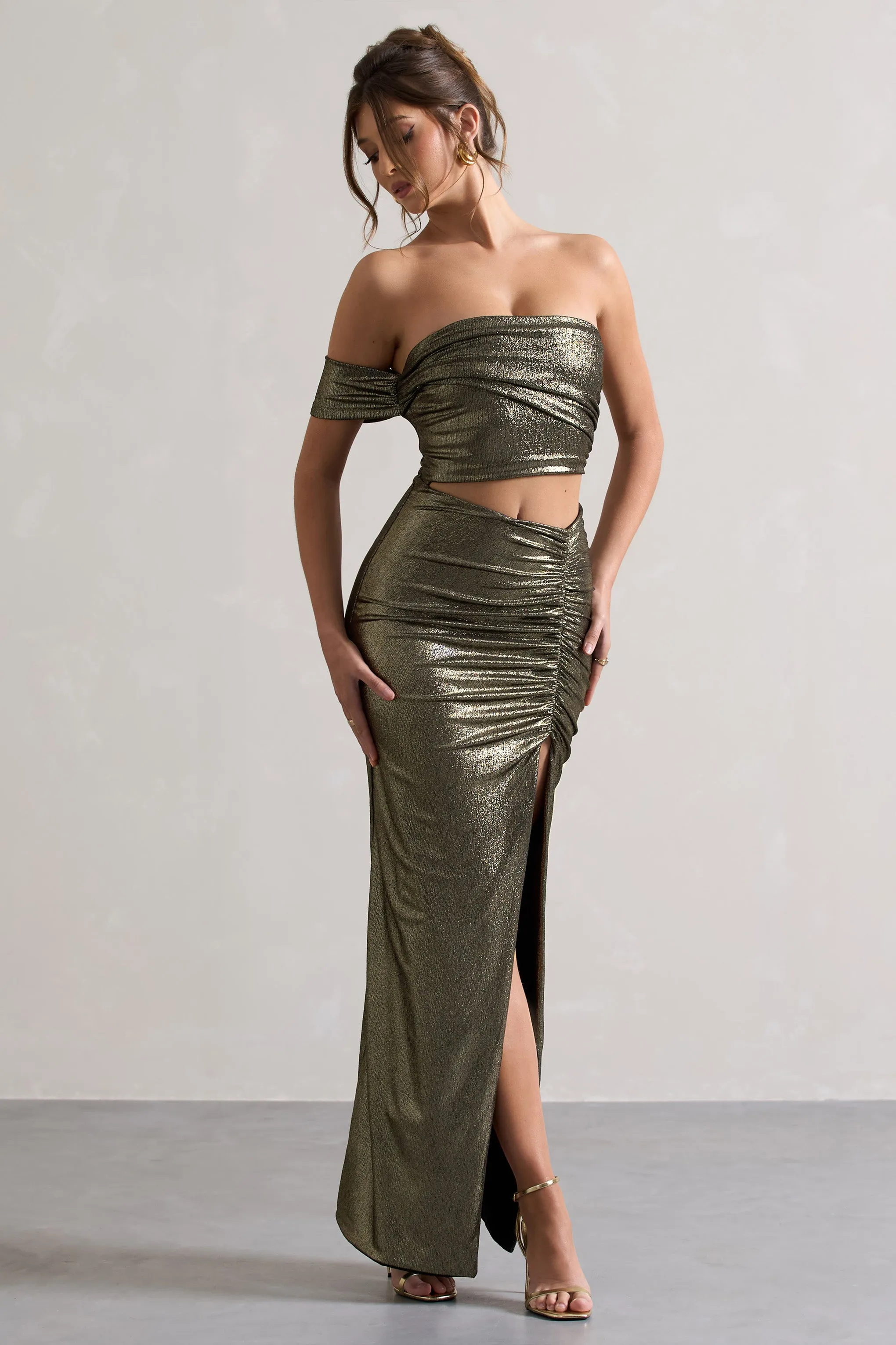 Gilded | Gold Metallic One-Sleeved Cut-Out Split Maxi Dress Club L London