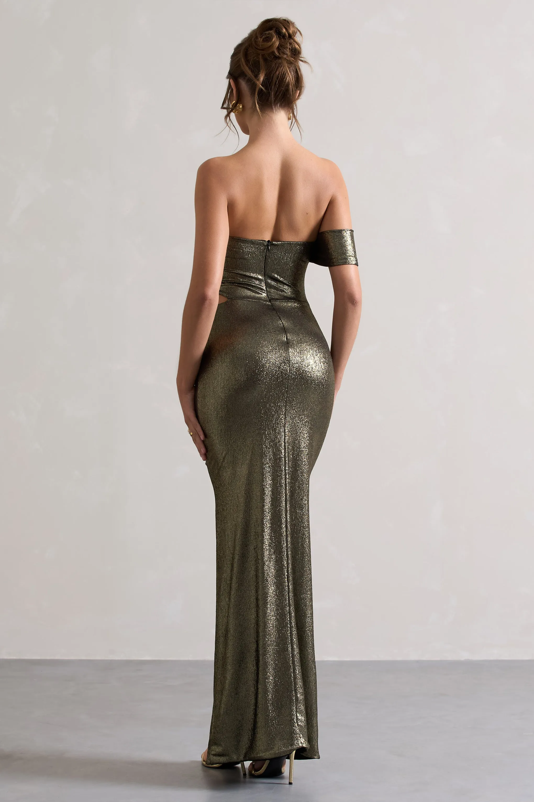 Gilded | Gold Metallic One-Sleeved Cut-Out Split Maxi Dress Club L London