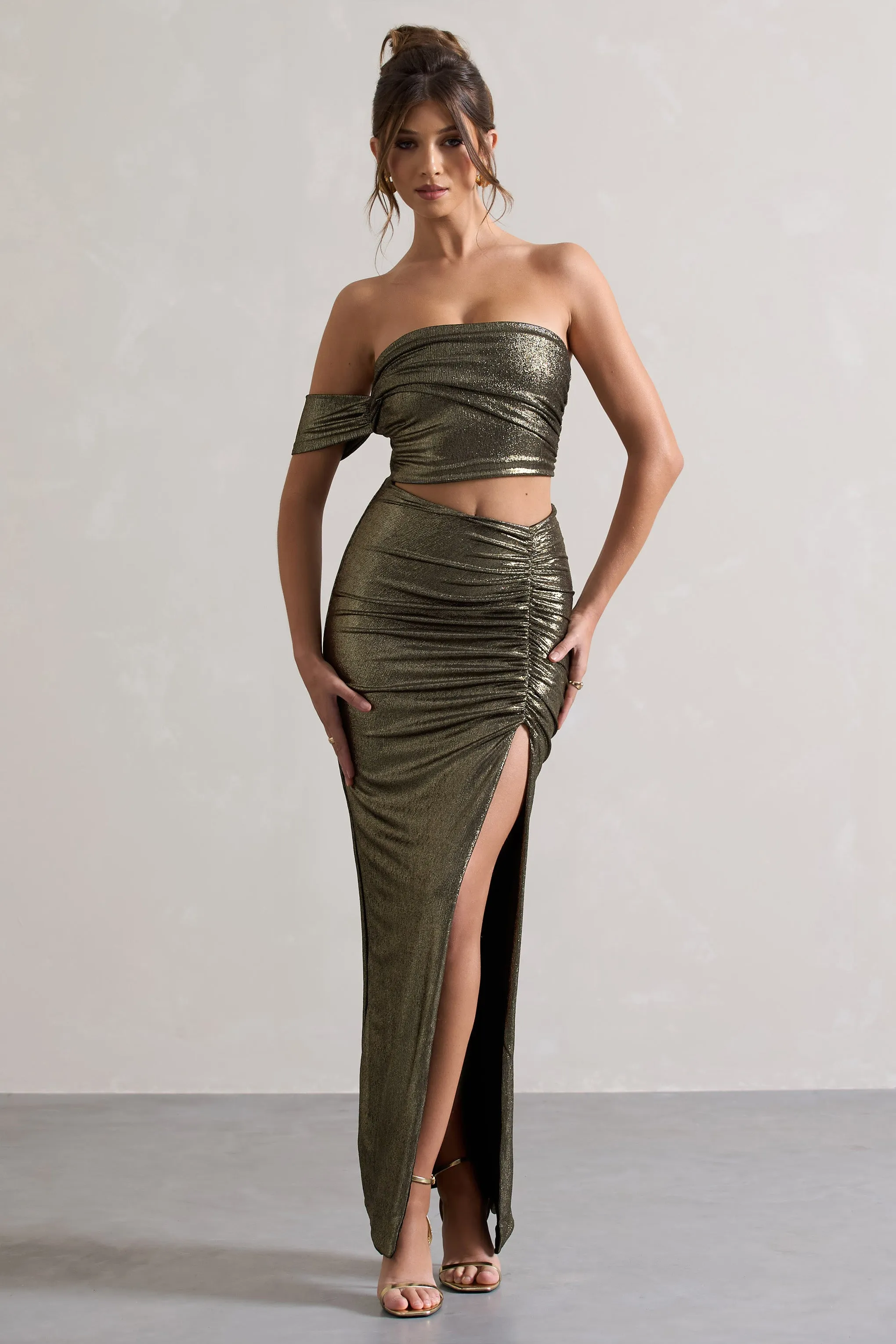 Gilded | Gold Metallic One-Sleeved Cut-Out Split Maxi Dress Club L London