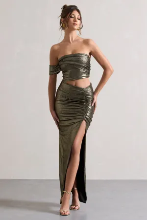 Gilded | Gold Metallic One-Sleeved Cut-Out Split Maxi Dress Club L London