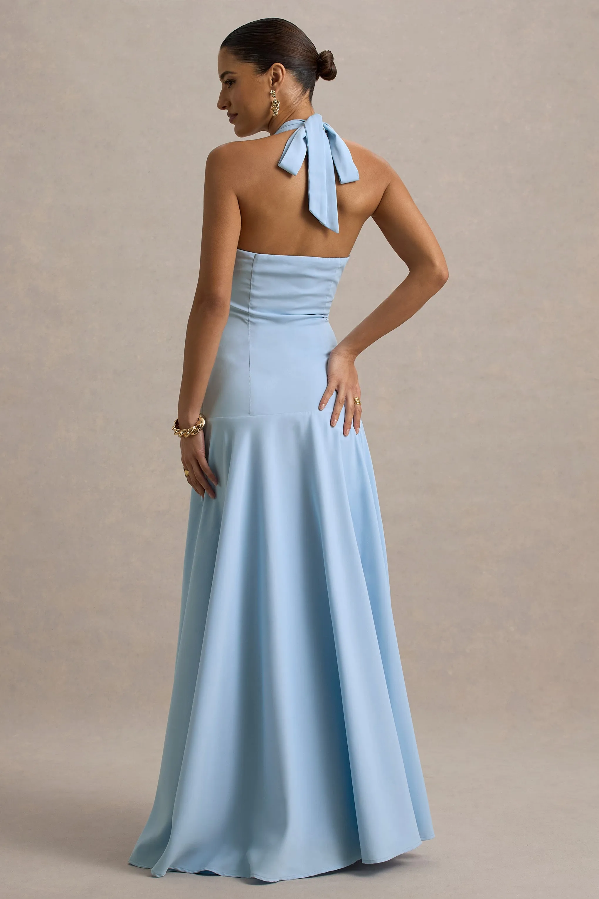 Ginevra | Powder Blue Halter-Neck Slip Maxi Dress Club L London