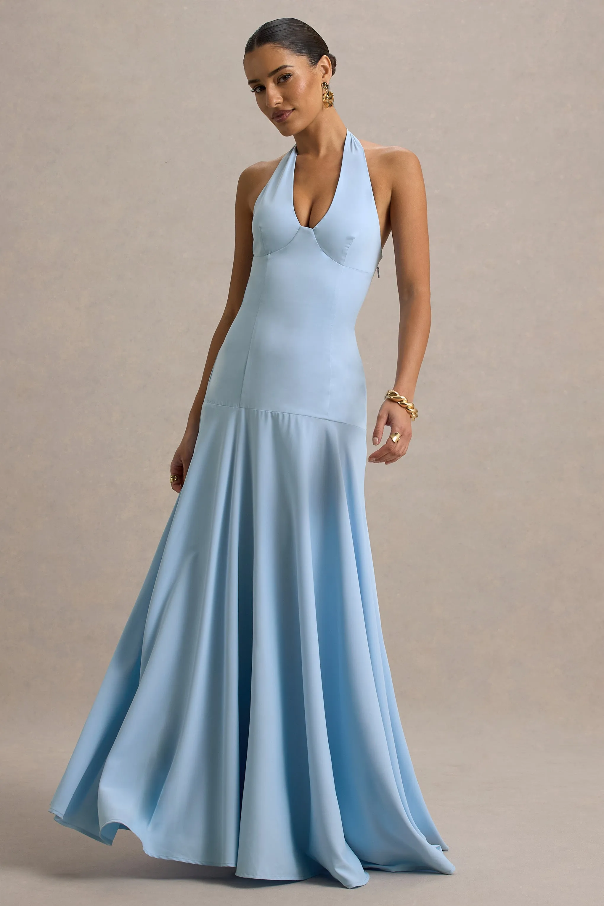 Ginevra | Powder Blue Halter-Neck Slip Maxi Dress Club L London