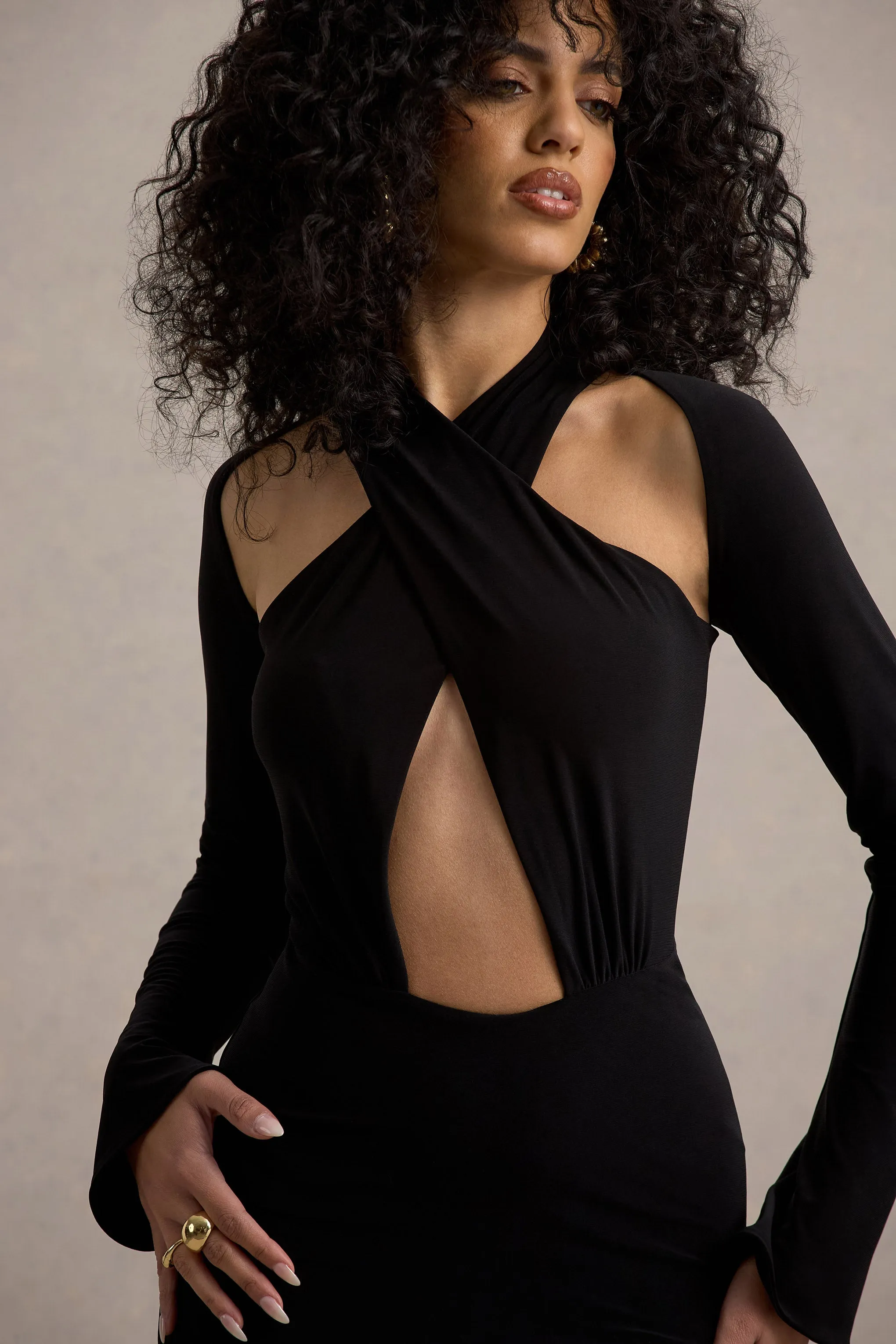 Gita | Black Halter-Neck Long-Sleeve Maxi Dress Club L London