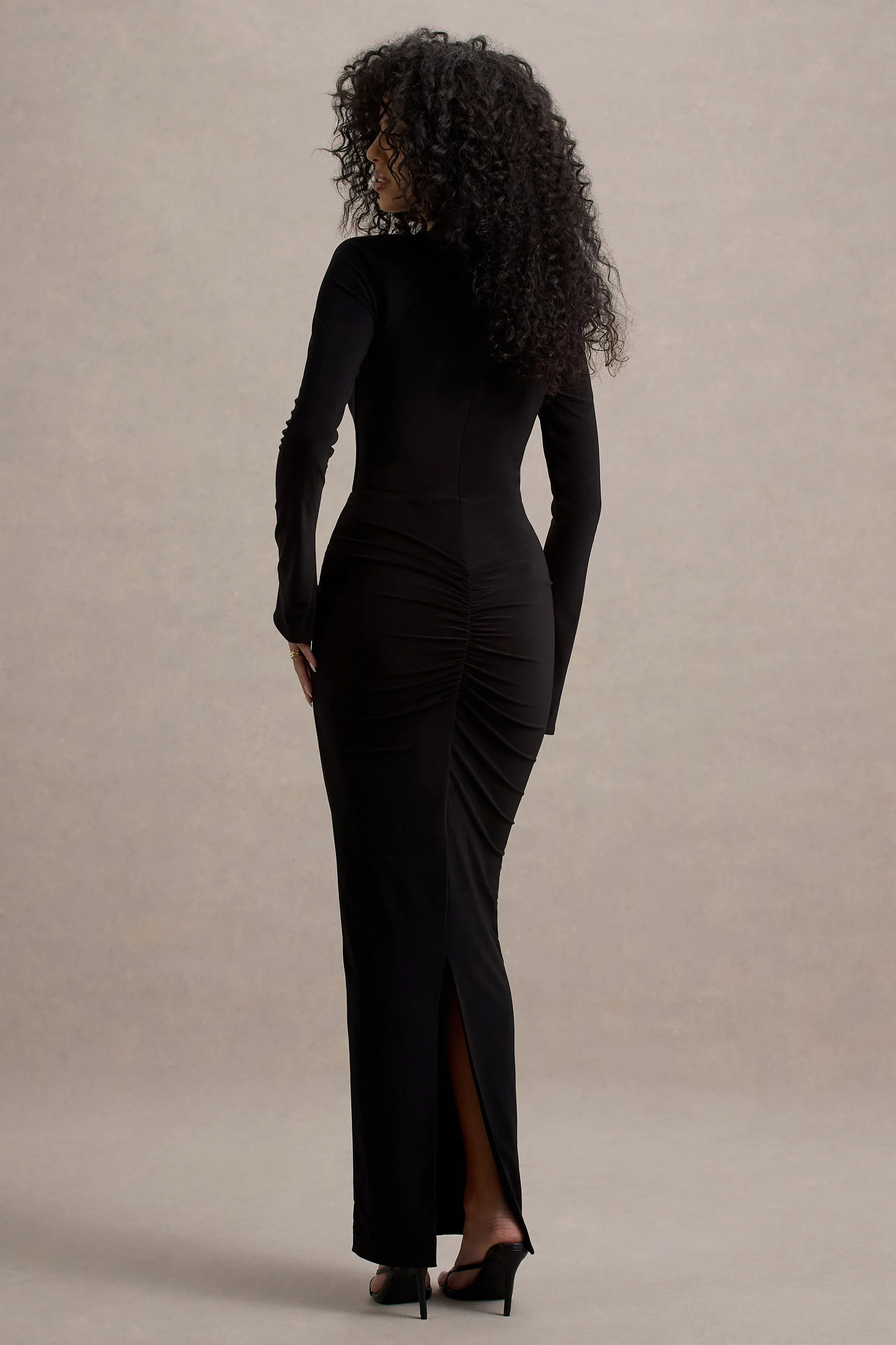 Gita | Black Halter-Neck Long-Sleeve Maxi Dress Club L London