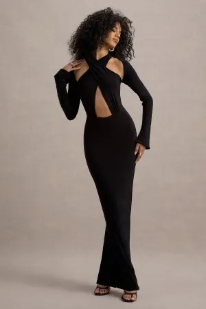 Gita | Black Halter-Neck Long-Sleeve Maxi Dress Club L London