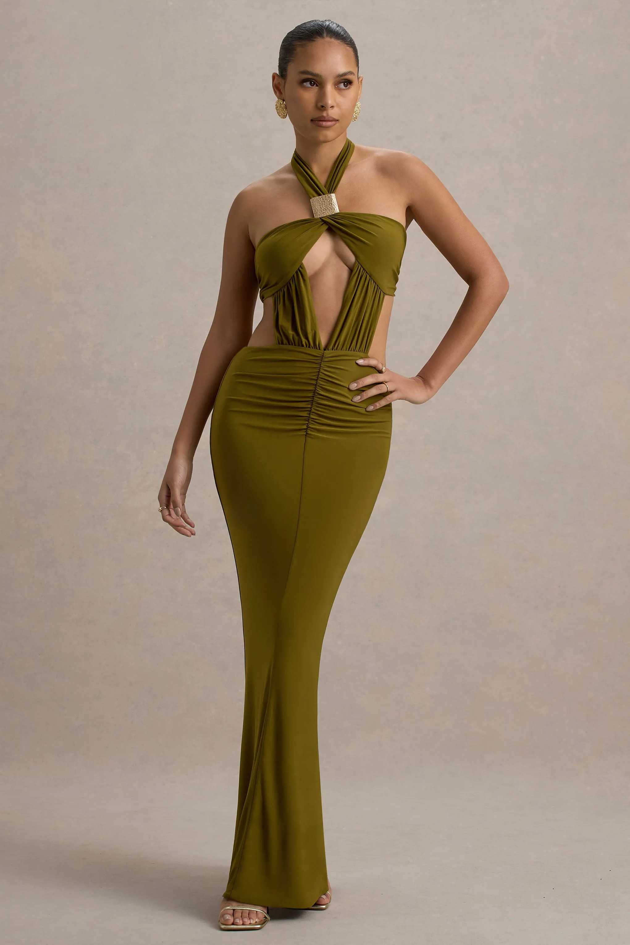 Giuseppa | Green Halter-Neck Cut-Out Maxi Dress Club L London