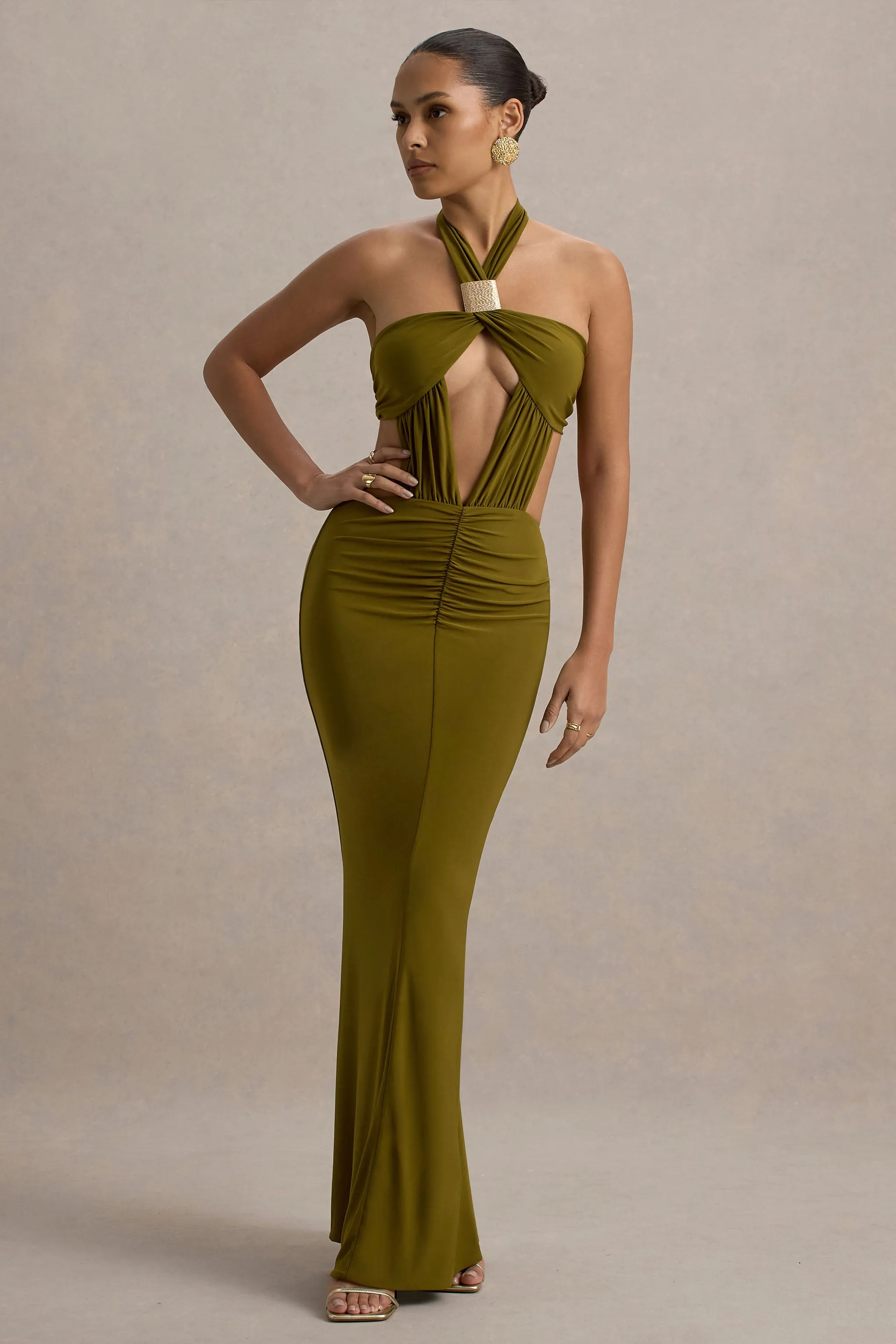 Giuseppa | Green Halter-Neck Cut-Out Maxi Dress Club L London
