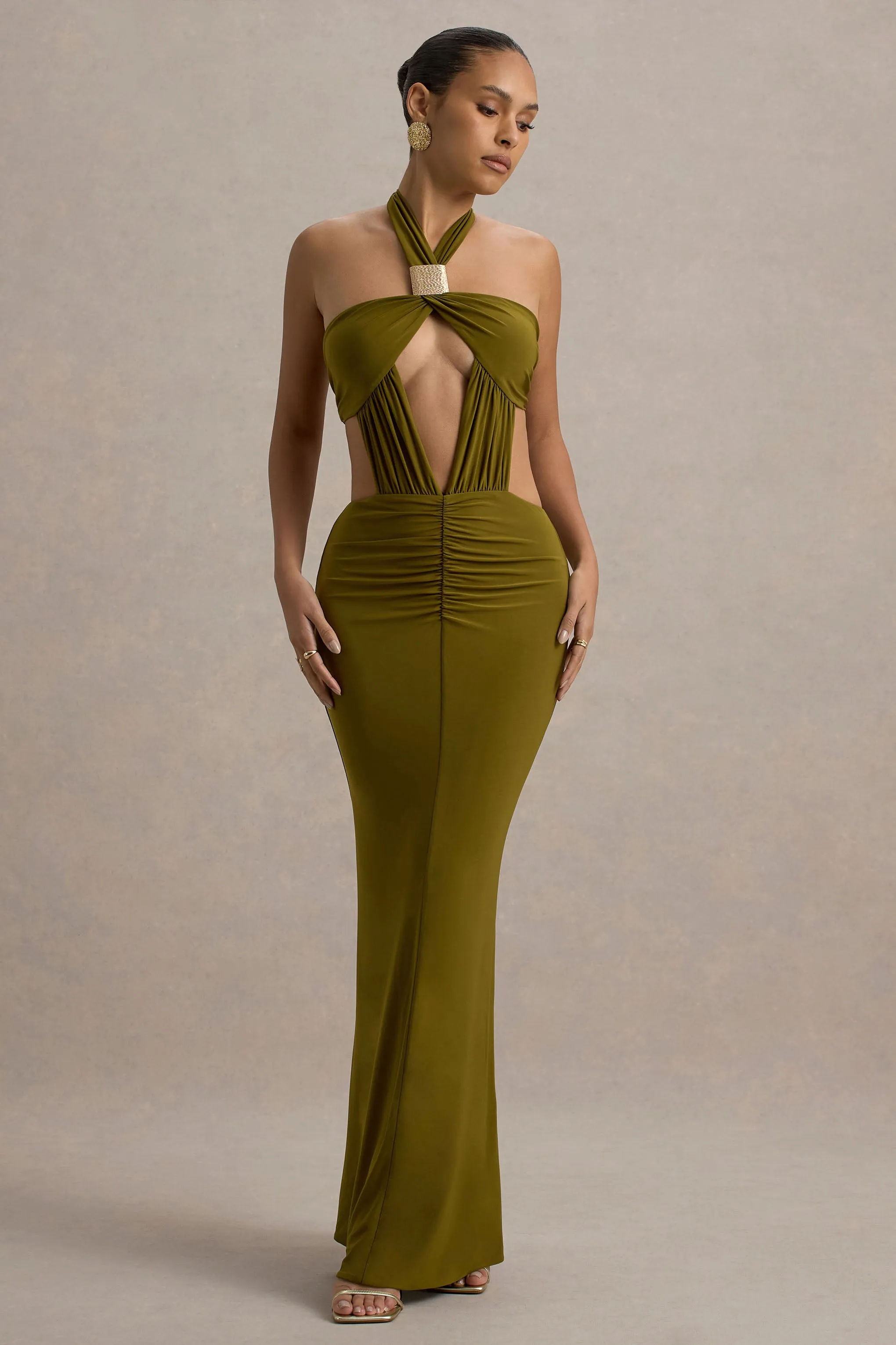Giuseppa | Green Halter-Neck Cut-Out Maxi Dress Club L London