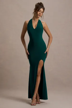 Glamour | Bottle Green Backless V Plunge Halter Neck Maxi Dress With Side Split Club L London