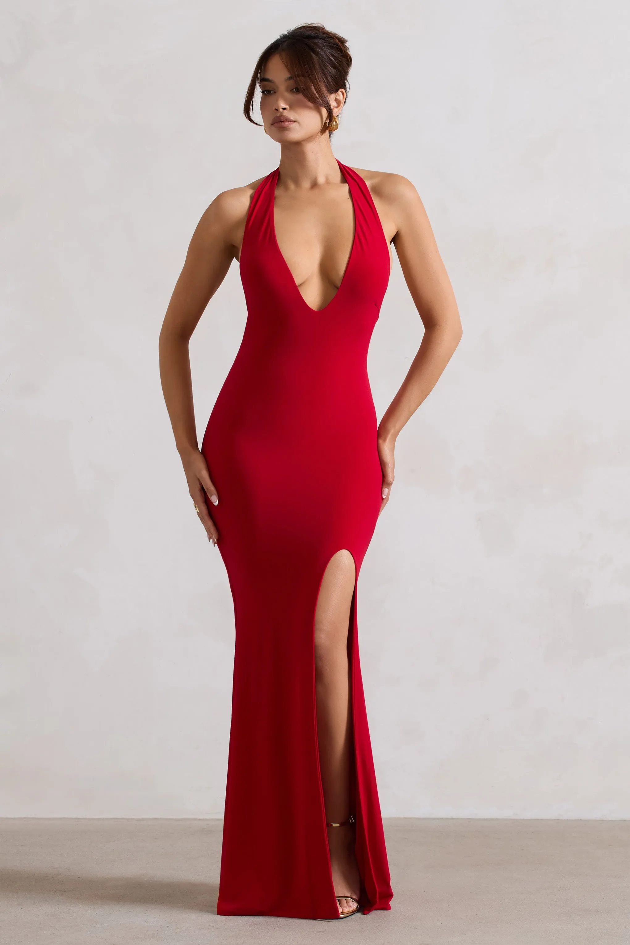 Glamour | Red Backless V Plunge Halter Neck Maxi Dress With Side Split Club L London