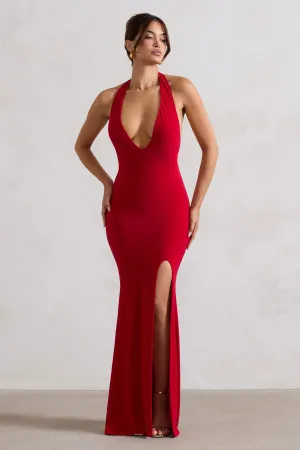 Glamour | Red Backless V Plunge Halter Neck Maxi Dress With Side Split Club L London