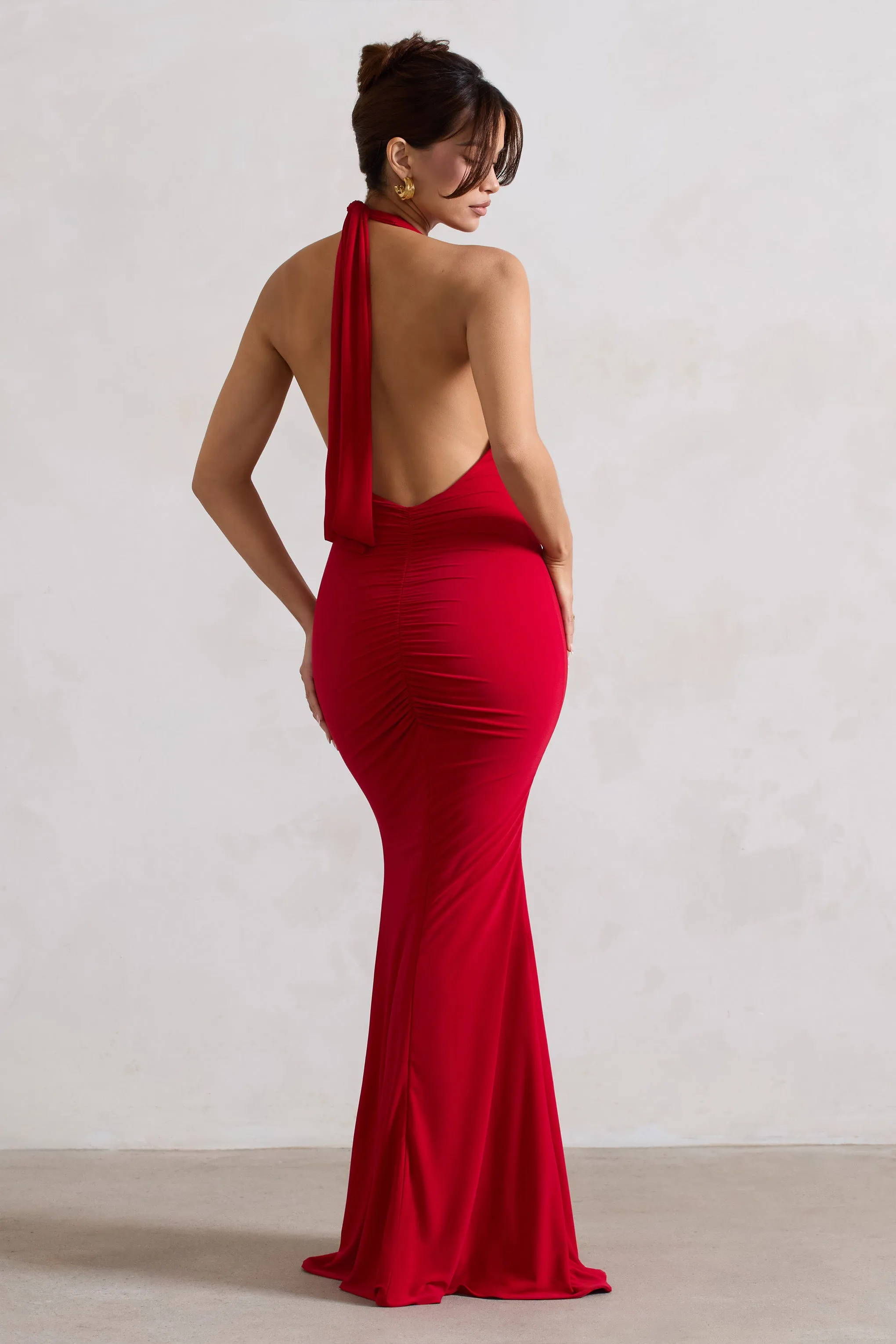 Glamour | Red Backless V Plunge Halter Neck Maxi Dress With Side Split Club L London