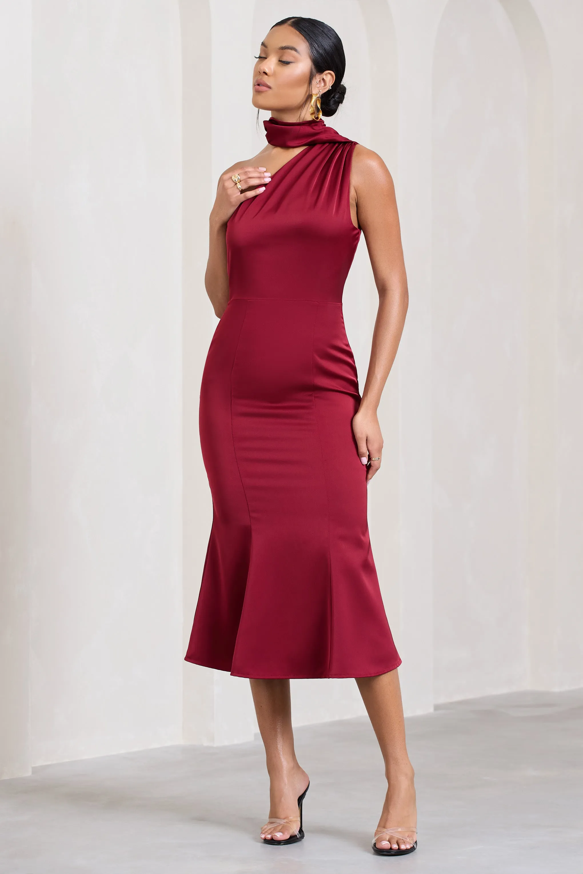 Golden Girl | Burgundy Satin One Shoulder High-Neck Flared Midi Dress Club L London