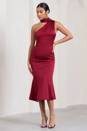 Golden Girl | Burgundy Satin One Shoulder High-Neck Flared Midi Dress Club L London