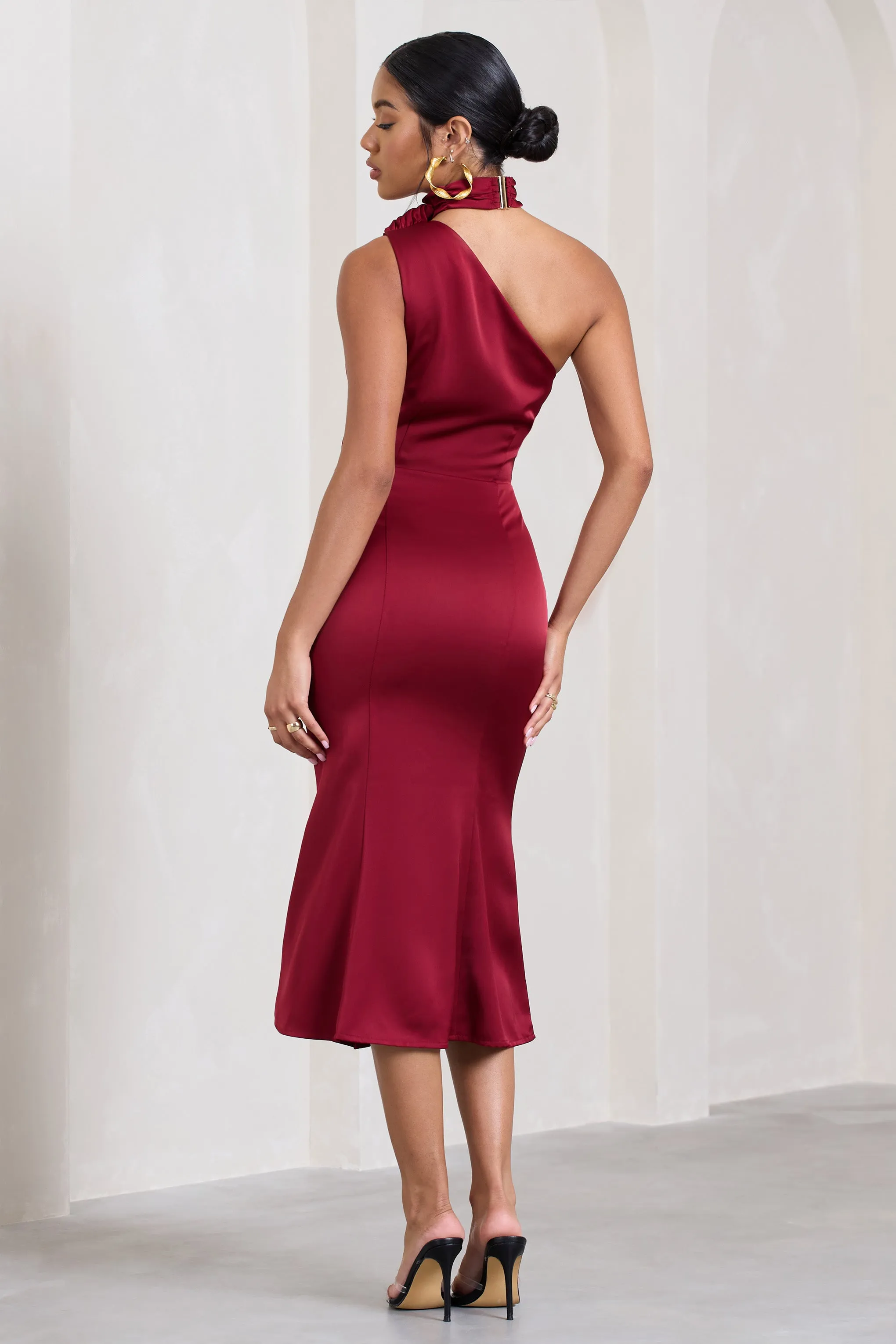 Golden Girl | Burgundy Satin One Shoulder High-Neck Flared Midi Dress Club L London