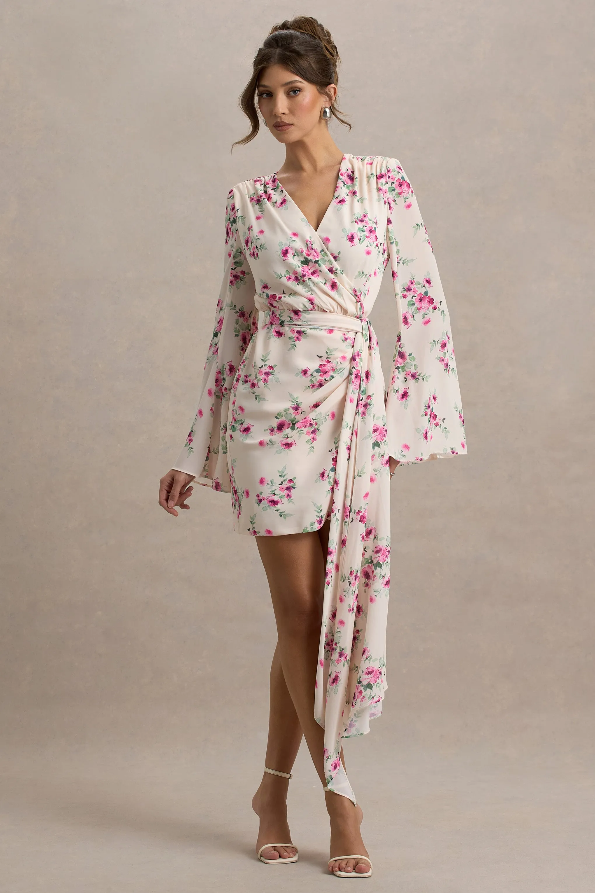 Goldie | Cream Floral Print Chiffon Long-Sleeve Wrap Mini Dress Club L London