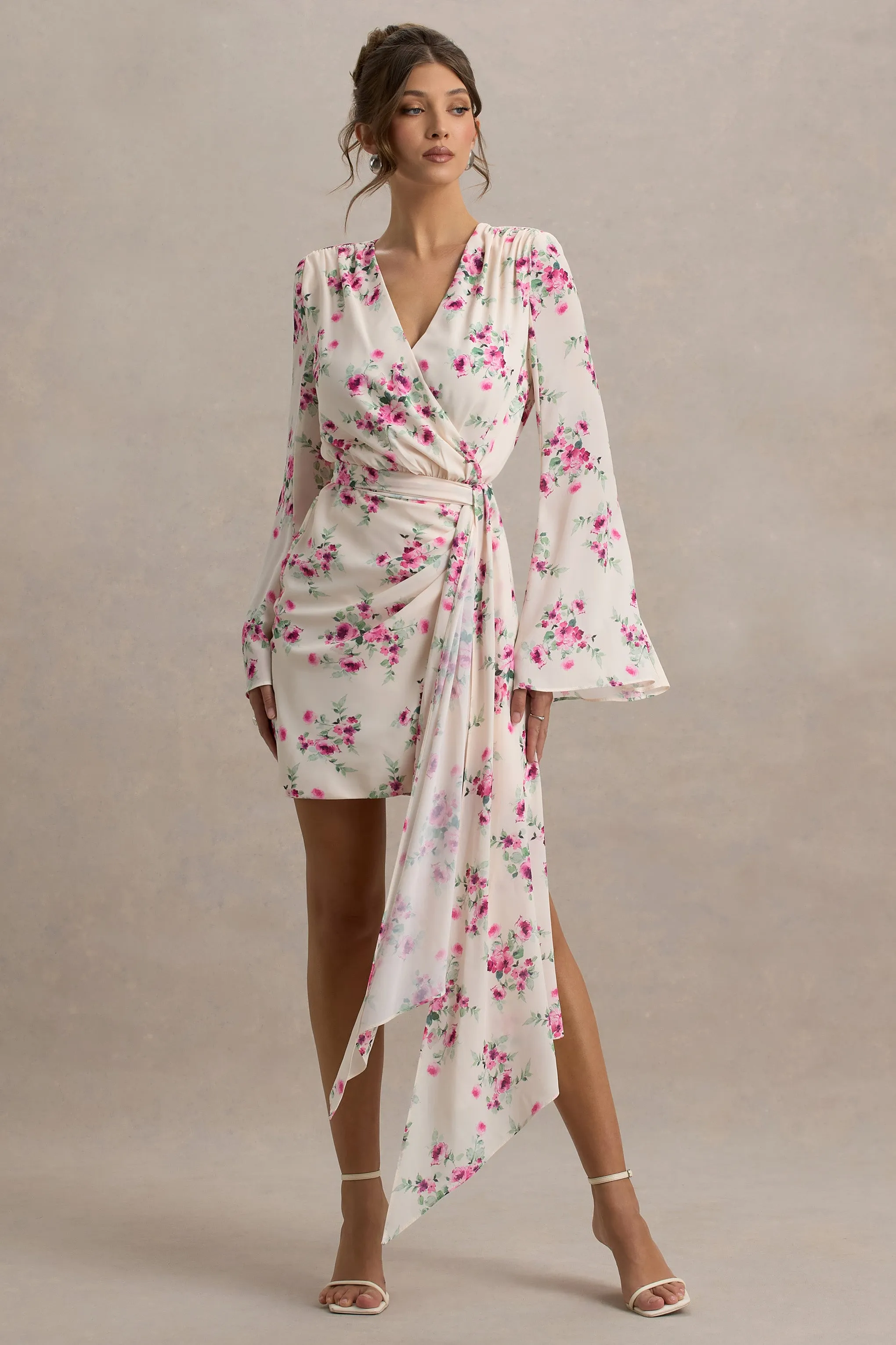 Goldie | Cream Floral Print Chiffon Long-Sleeve Wrap Mini Dress Club L London