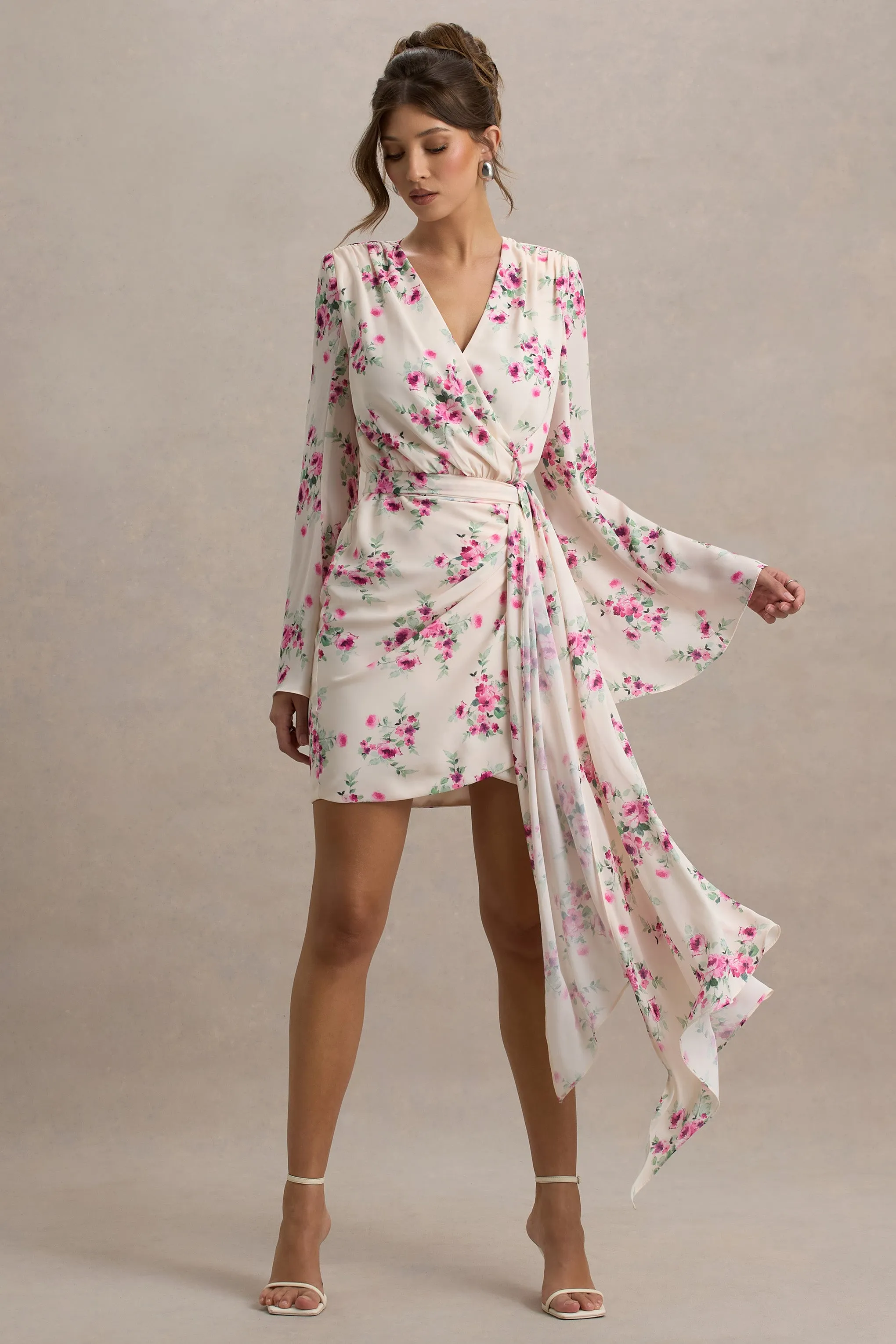 Goldie | Cream Floral Print Chiffon Long-Sleeve Wrap Mini Dress Club L London