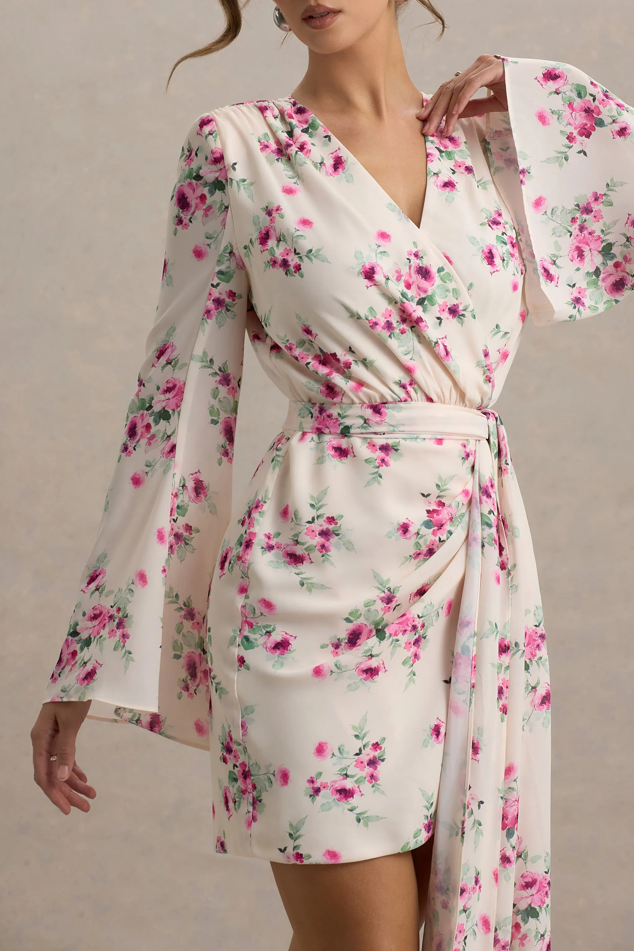 Goldie | Cream Floral Print Chiffon Long-Sleeve Wrap Mini Dress Club L London