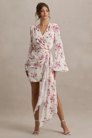 Goldie | Cream Floral Print Chiffon Long-Sleeve Wrap Mini Dress Club L London