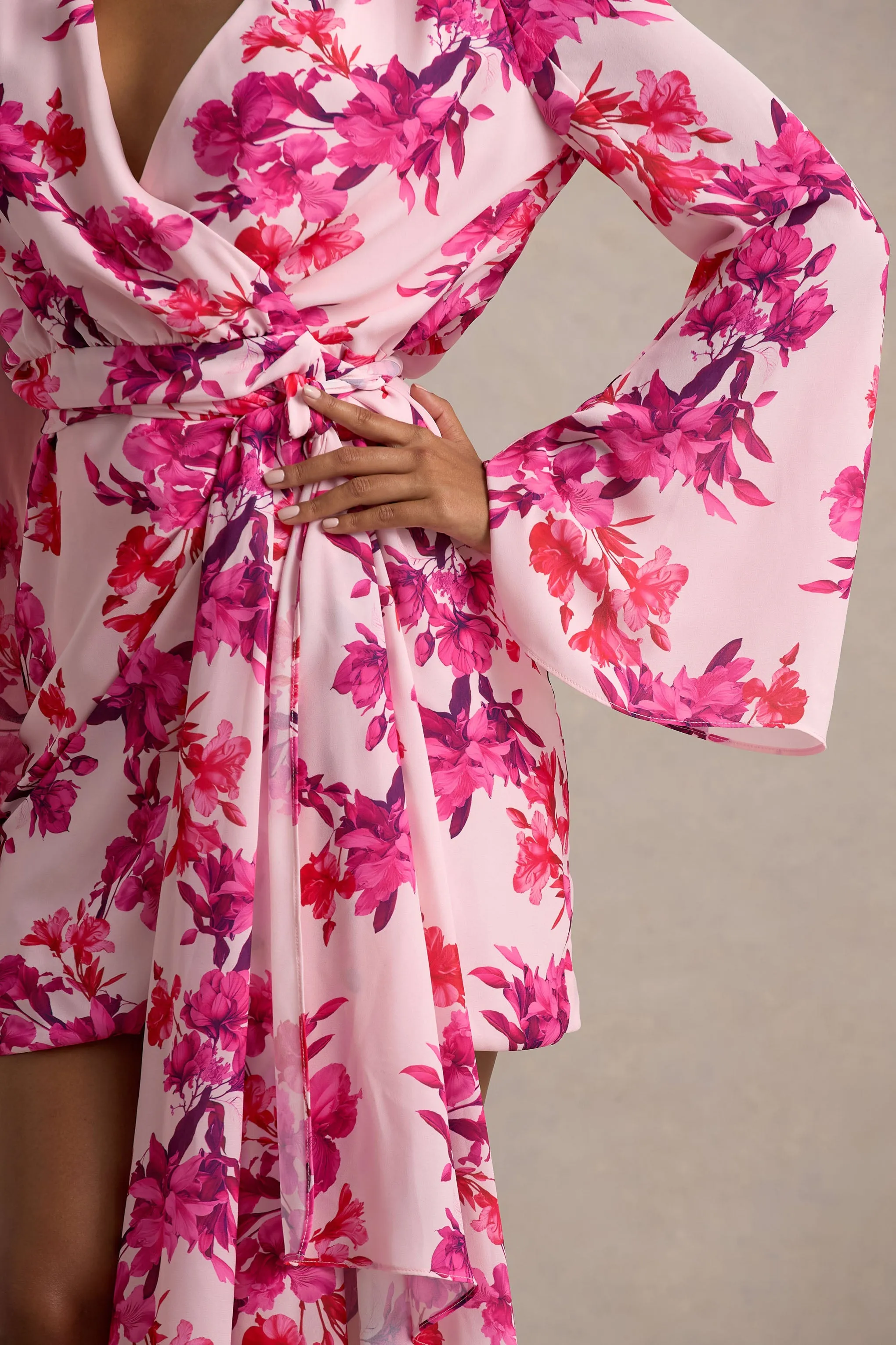 Goldie | Pink Floral Print Chiffon Long-Sleeve Wrap Mini Dress Club L London