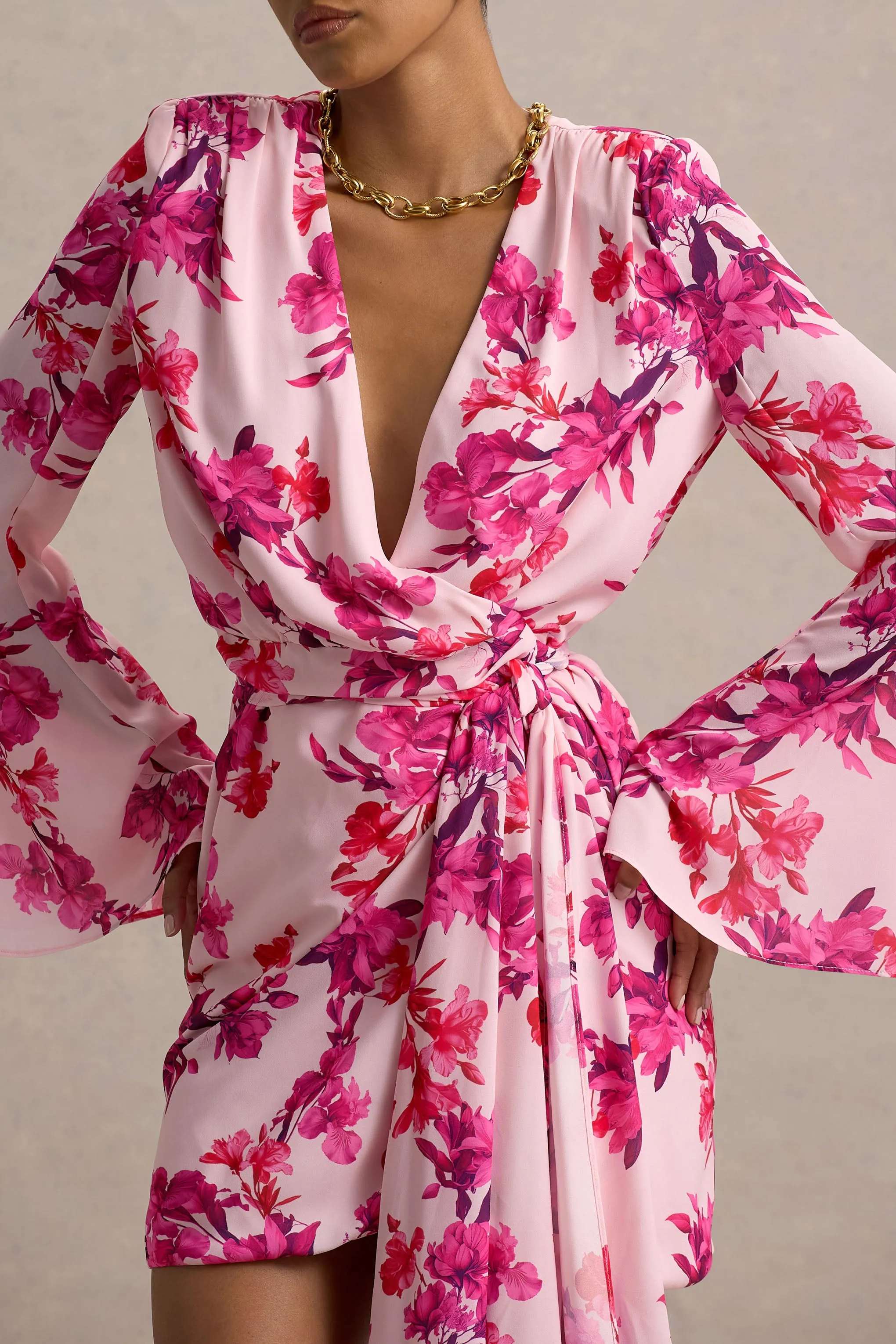 Goldie | Pink Floral Print Chiffon Long-Sleeve Wrap Mini Dress Club L London