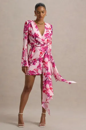 Goldie | Pink Floral Print Chiffon Long-Sleeve Wrap Mini Dress Club L London