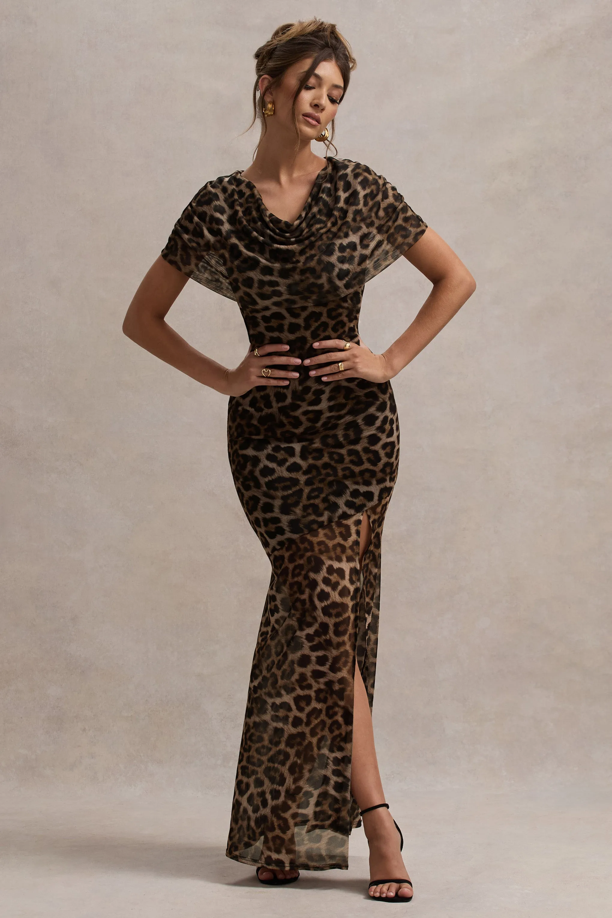 Gomez | Leopard Print Mesh Cowl-Neck Split Maxi Dress Club L London