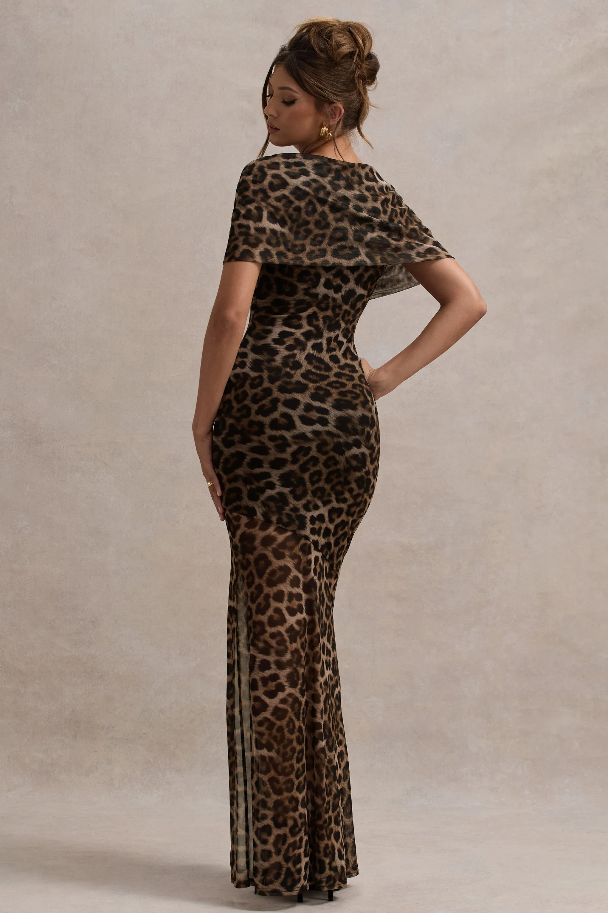 Gomez | Leopard Print Mesh Cowl-Neck Split Maxi Dress Club L London