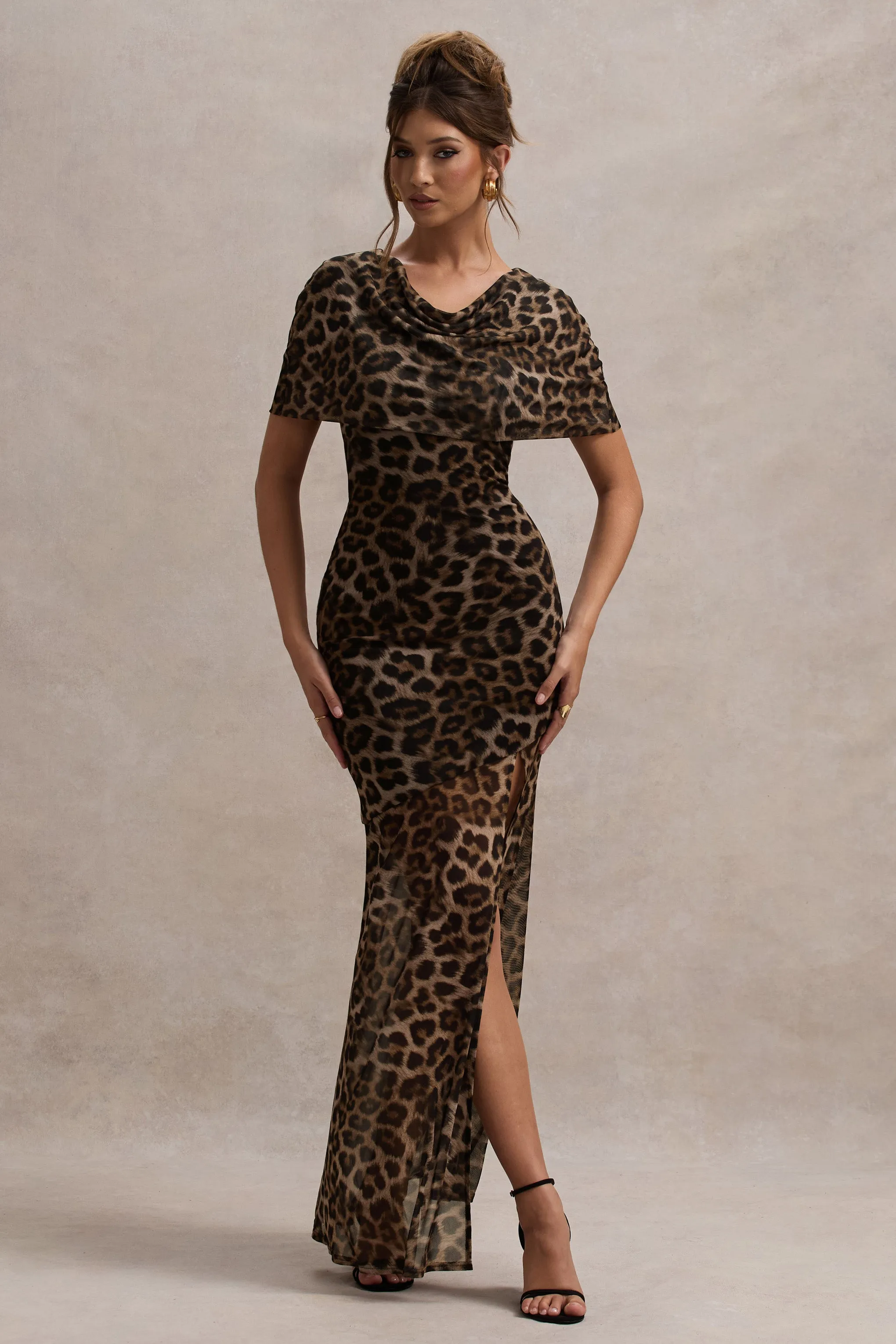 Gomez | Leopard Print Mesh Cowl-Neck Split Maxi Dress Club L London