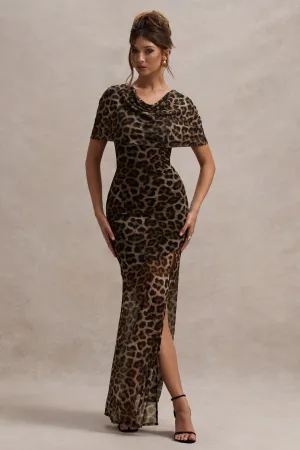 Gomez | Leopard Print Mesh Cowl-Neck Split Maxi Dress Club L London