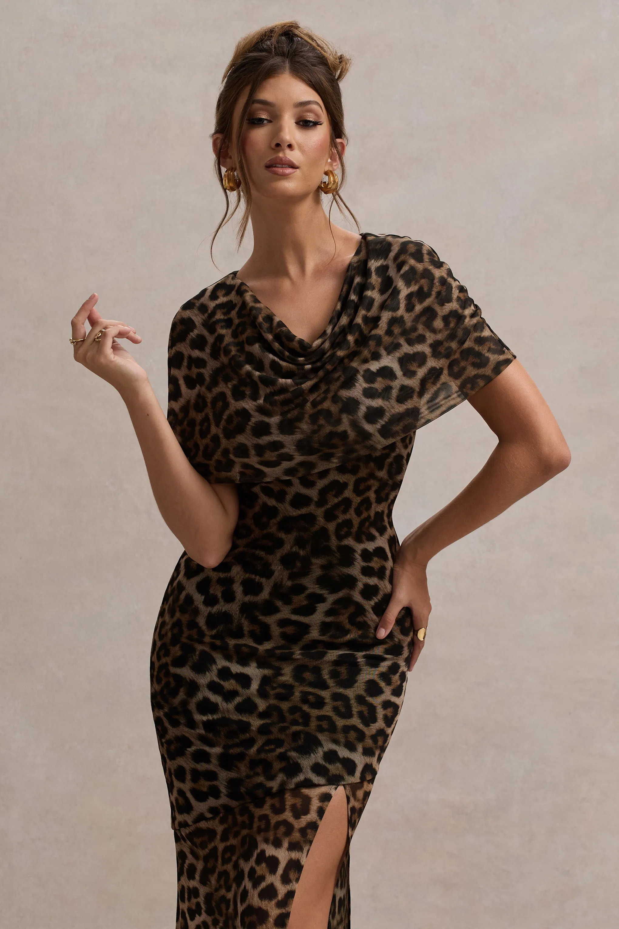 Gomez | Leopard Print Mesh Cowl-Neck Split Maxi Dress Club L London