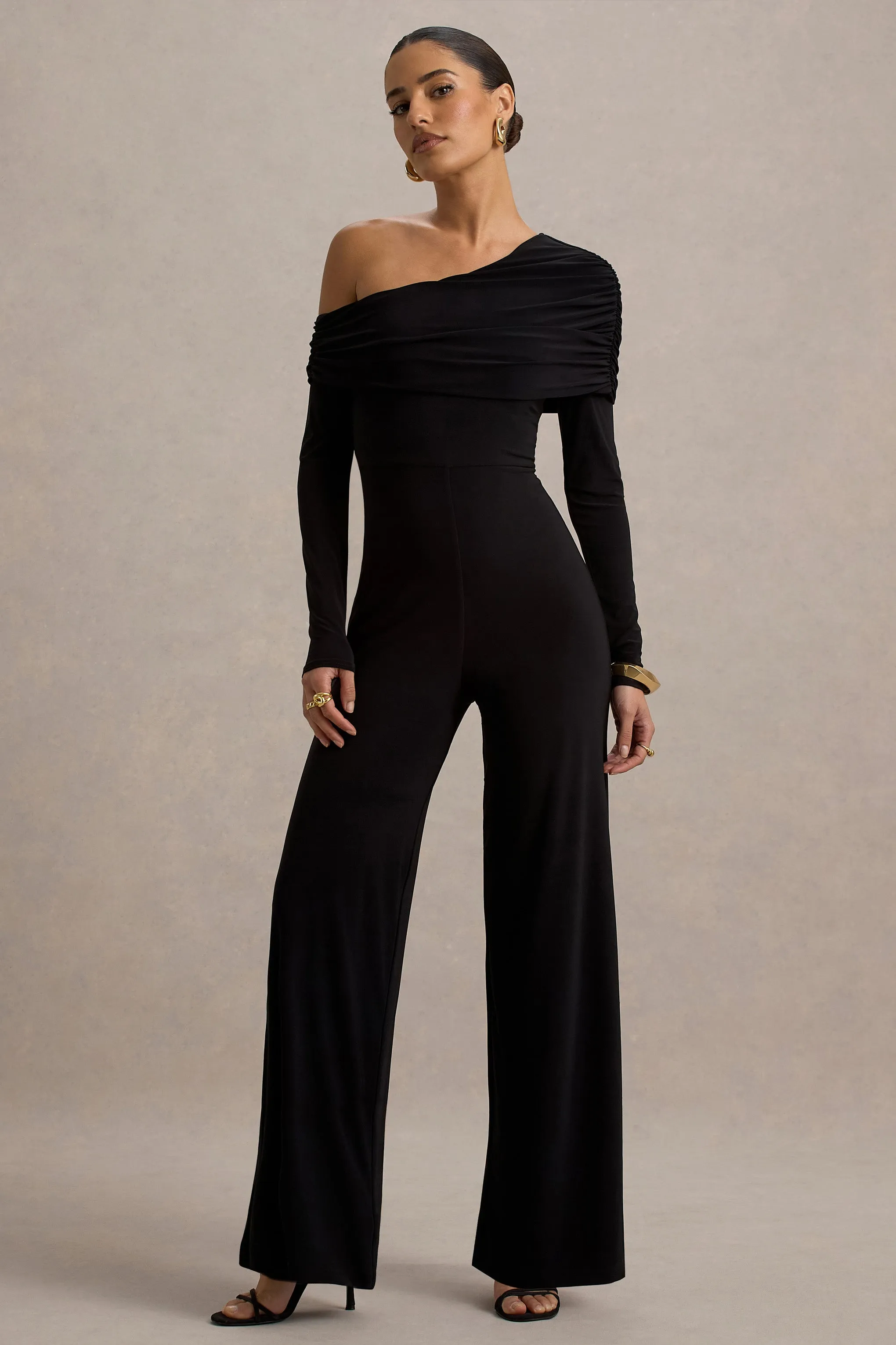 Gracious | Black Jumpsuit With Asymmetric Neckline Club L London