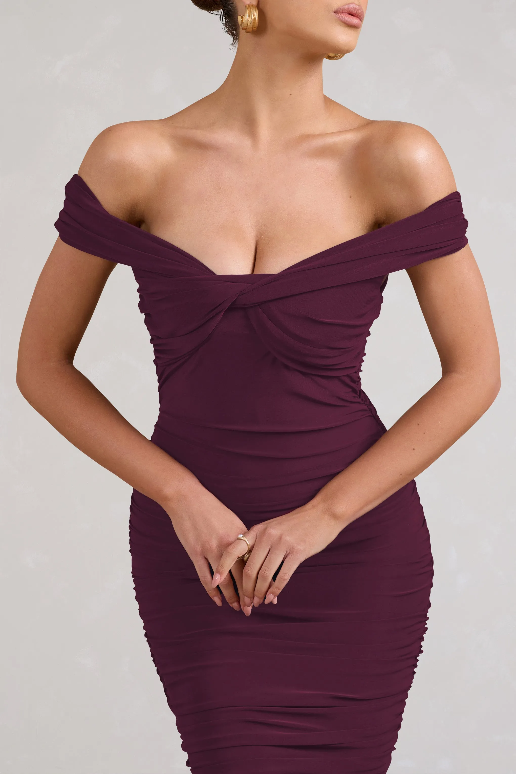 Gratitude | Plum Off The Shoulder Ruched Midi Dress Club L London