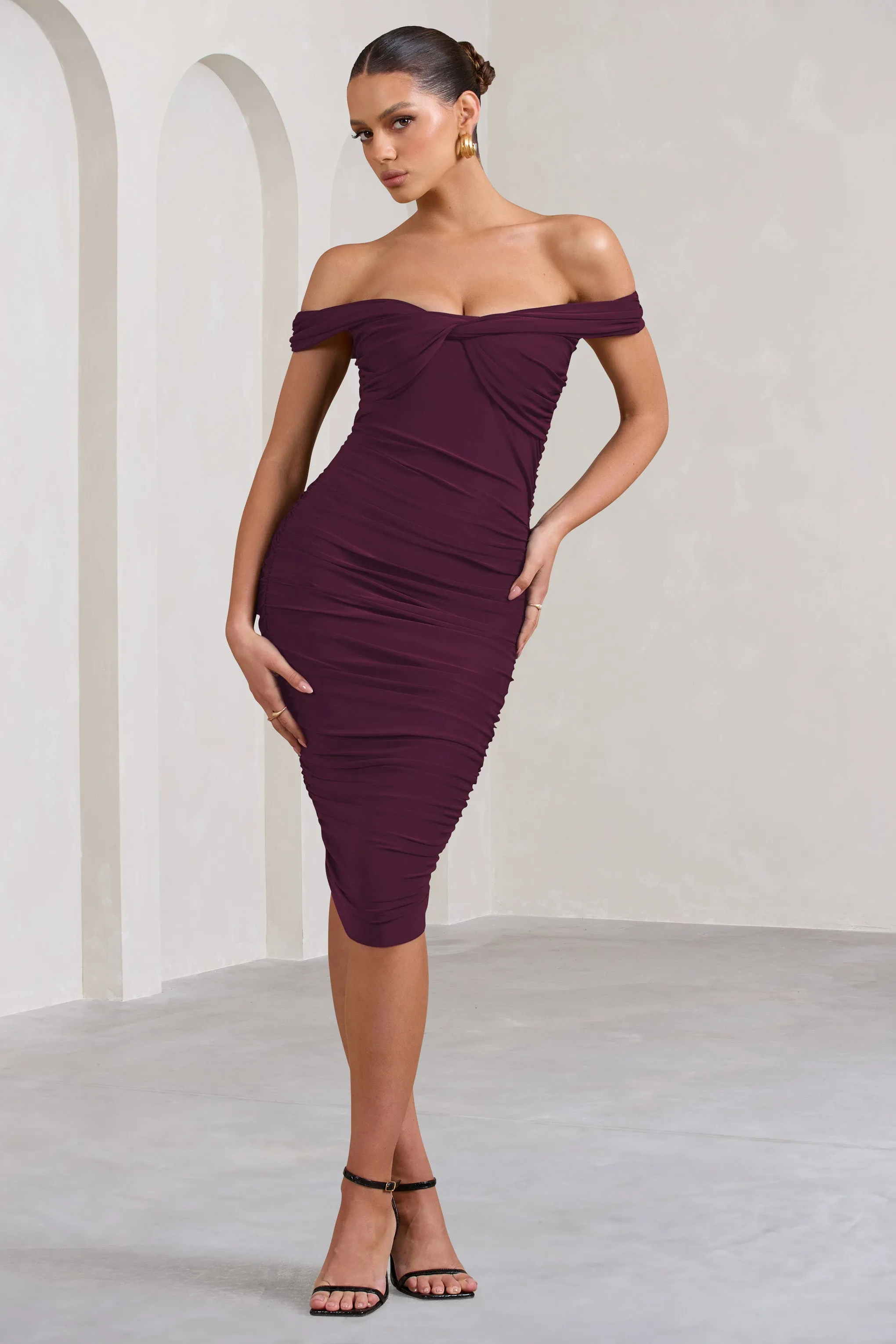 Gratitude | Plum Off The Shoulder Ruched Midi Dress Club L London