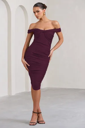 Gratitude | Plum Off The Shoulder Ruched Midi Dress Club L London