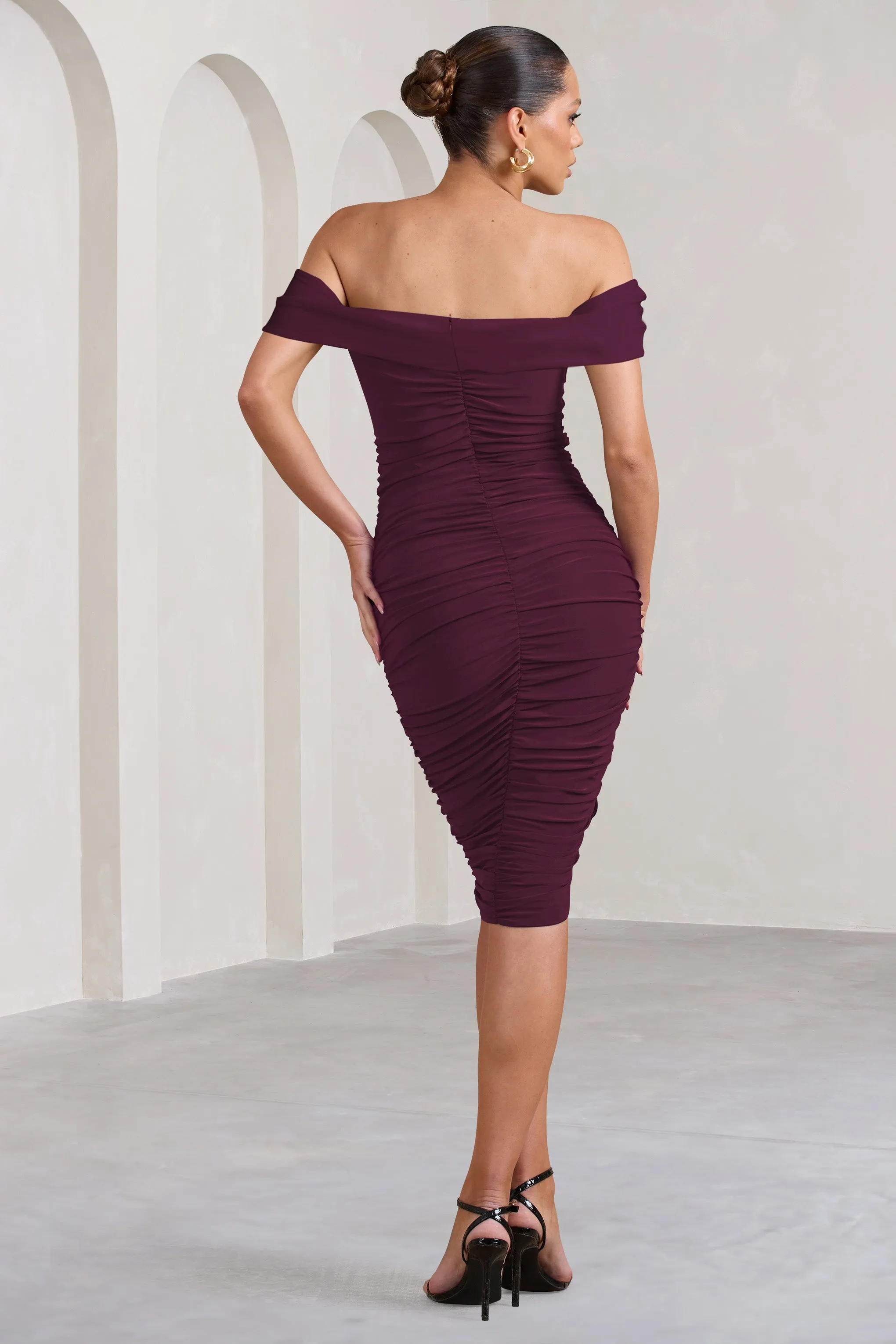 Gratitude | Plum Off The Shoulder Ruched Midi Dress Club L London