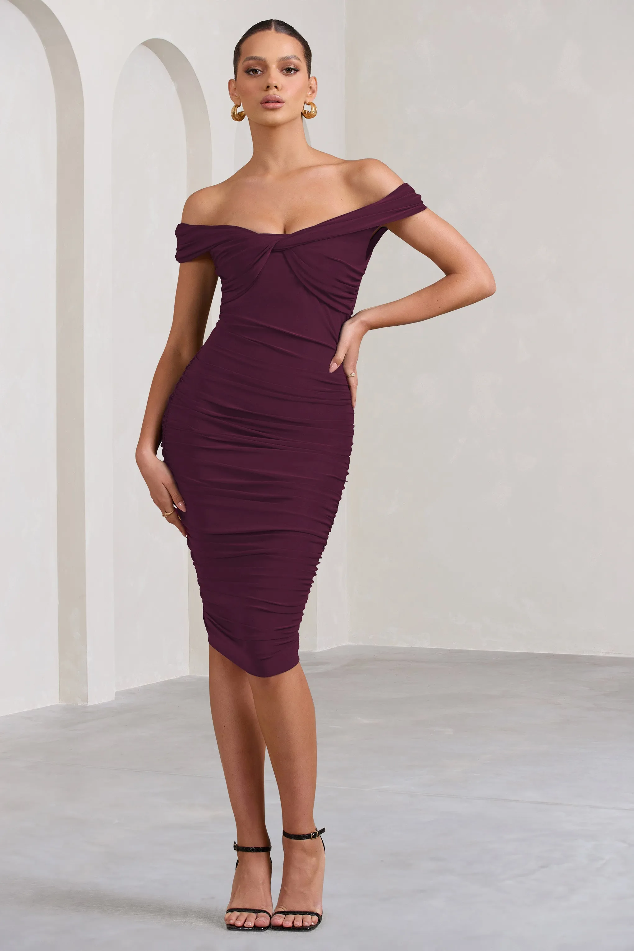 Gratitude | Plum Off The Shoulder Ruched Midi Dress Club L London