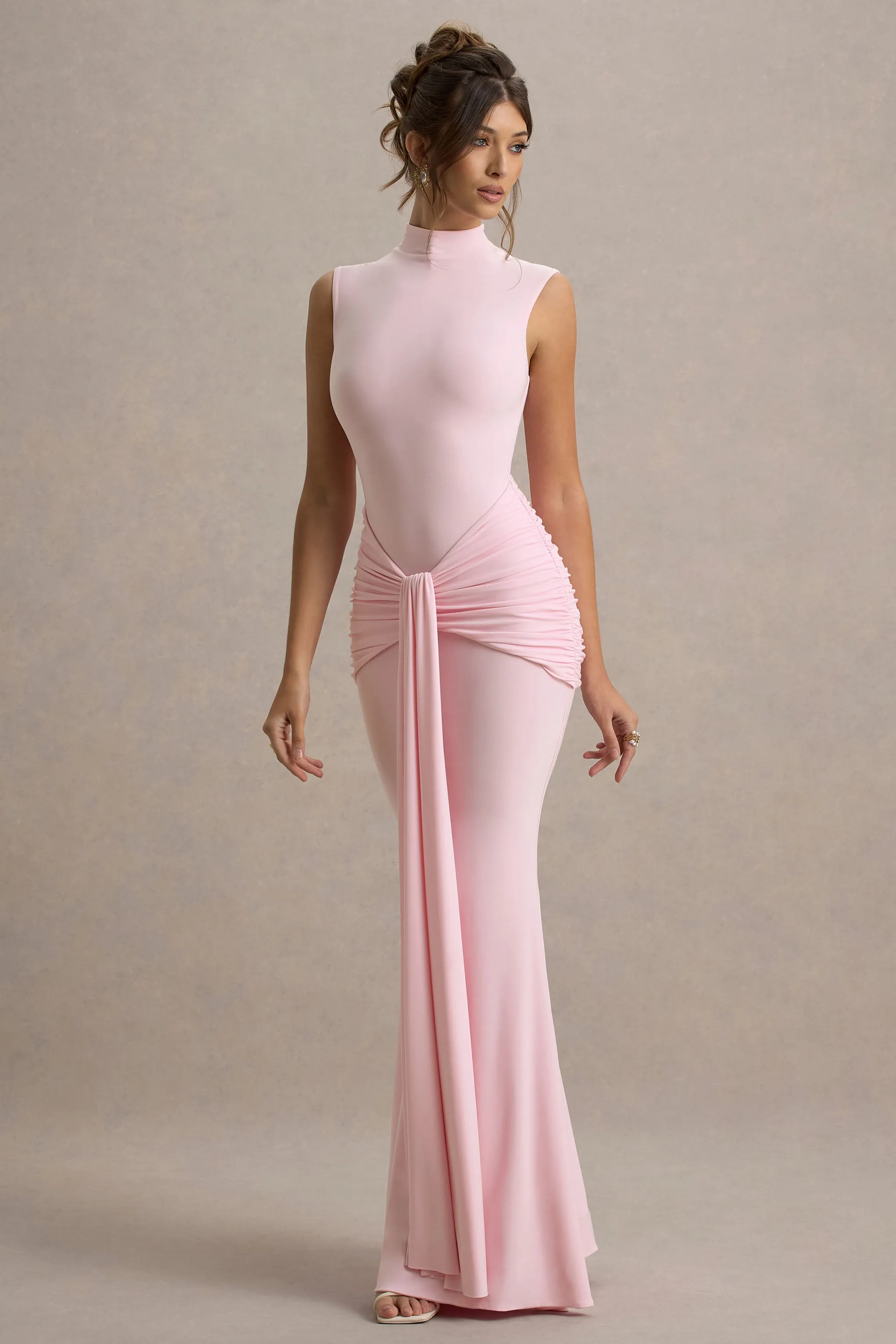 Graziana | Pink High-Neck Gathered Draped Maxi Dress Club L London