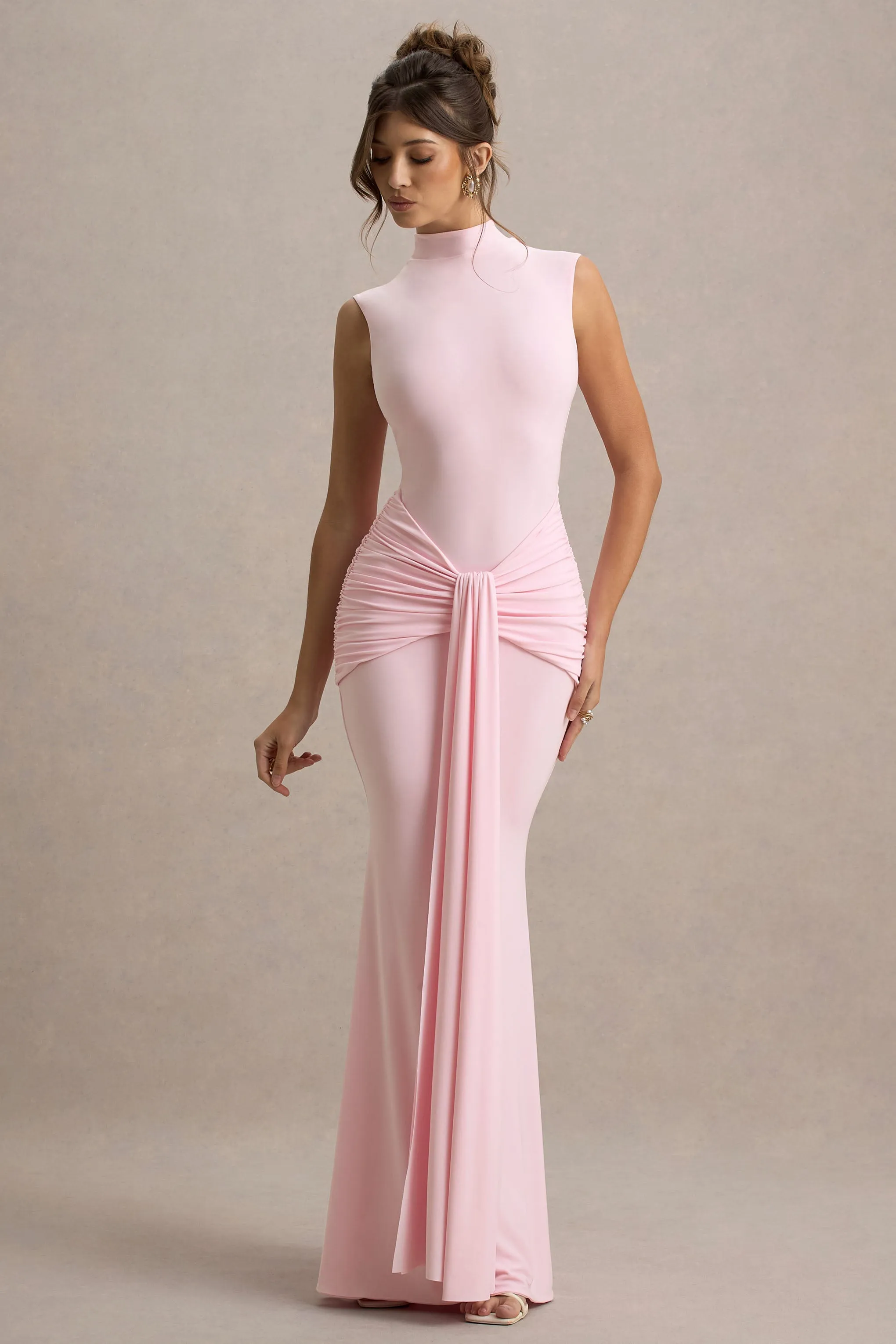 Graziana | Pink High-Neck Gathered Draped Maxi Dress Club L London
