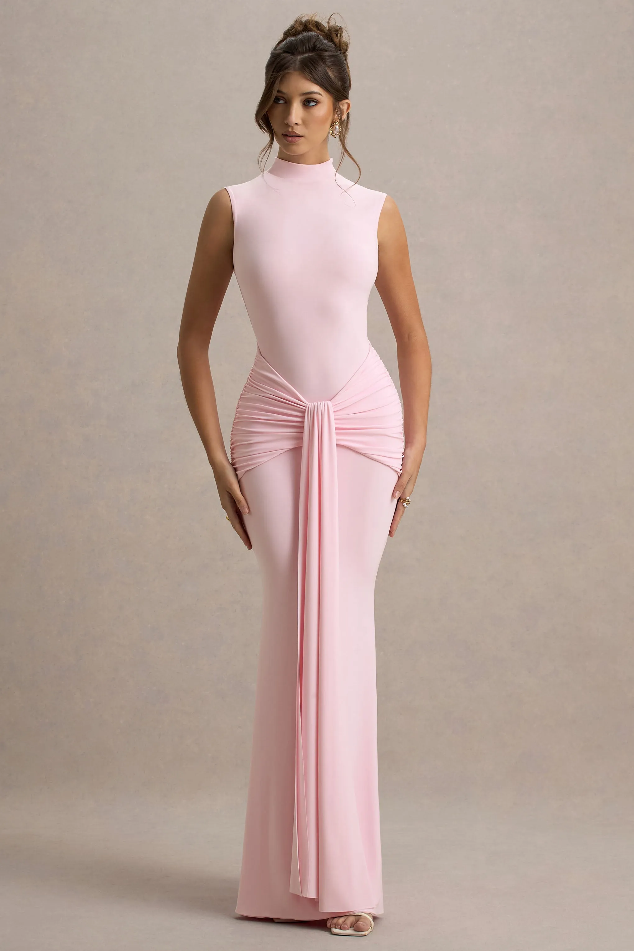 Graziana | Pink High-Neck Gathered Draped Maxi Dress Club L London
