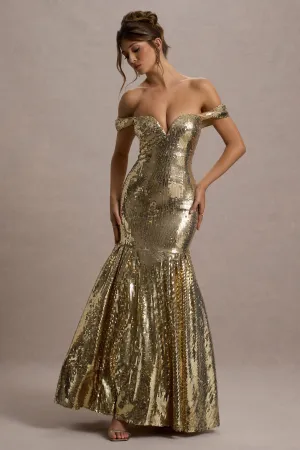 Guest Of Honour | Gold Sequin Bardot Maxi Dress Club L London