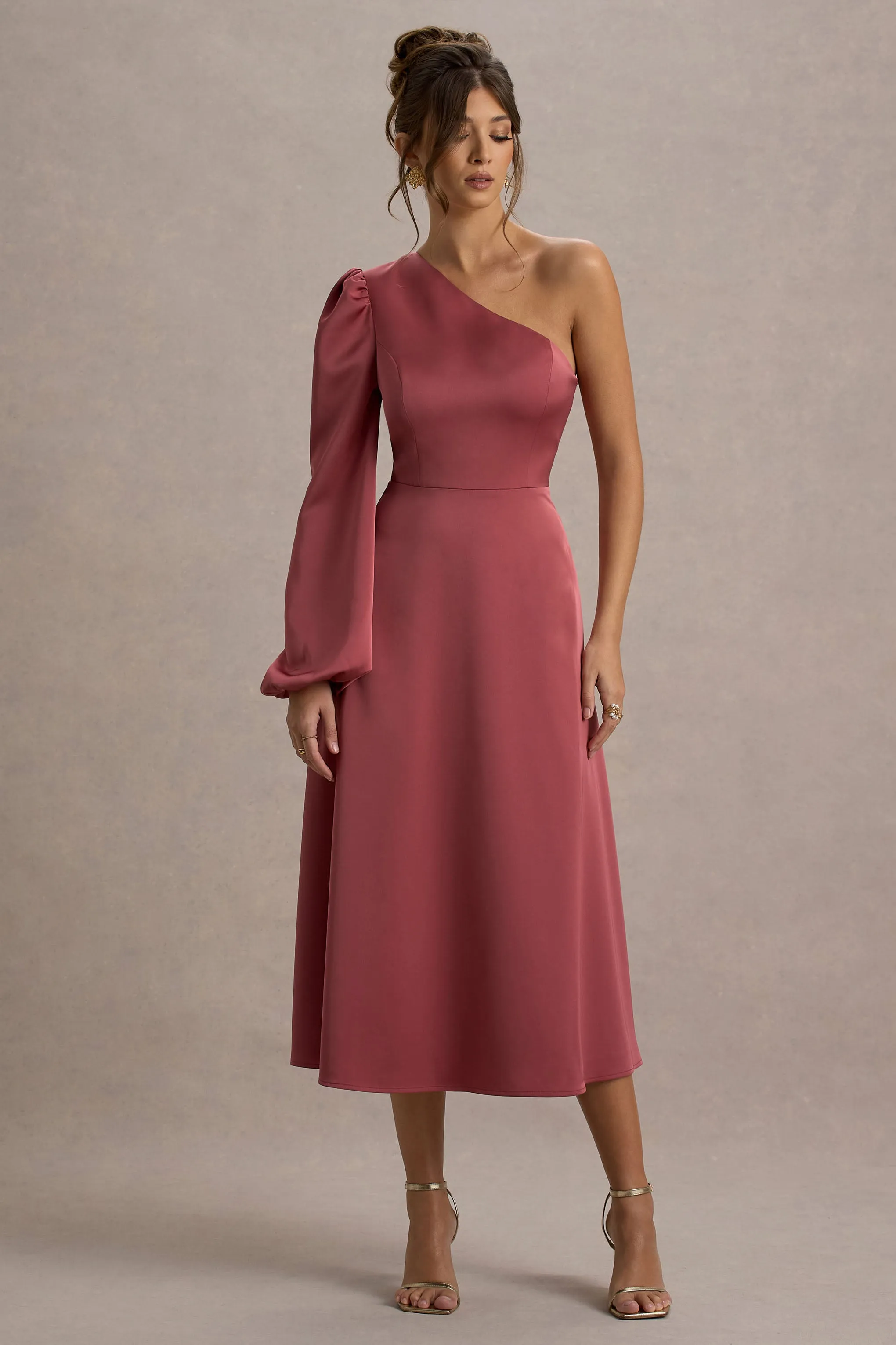 Haila | Rose Pink Satin One-Shoulder Midi Dress Club L London